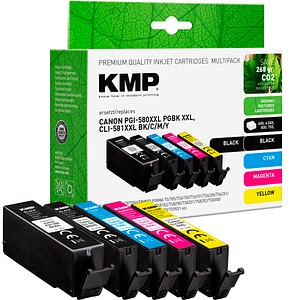 KMP 1x pigmentschwarz, 1x schwarz, 1x cyan, 1x magenta, 1x gelb Druckerpatronen kompatibel zu Canon PGI-580XXL PGBK, CLI 581XXL BK/C/M/Y, 5er-Set