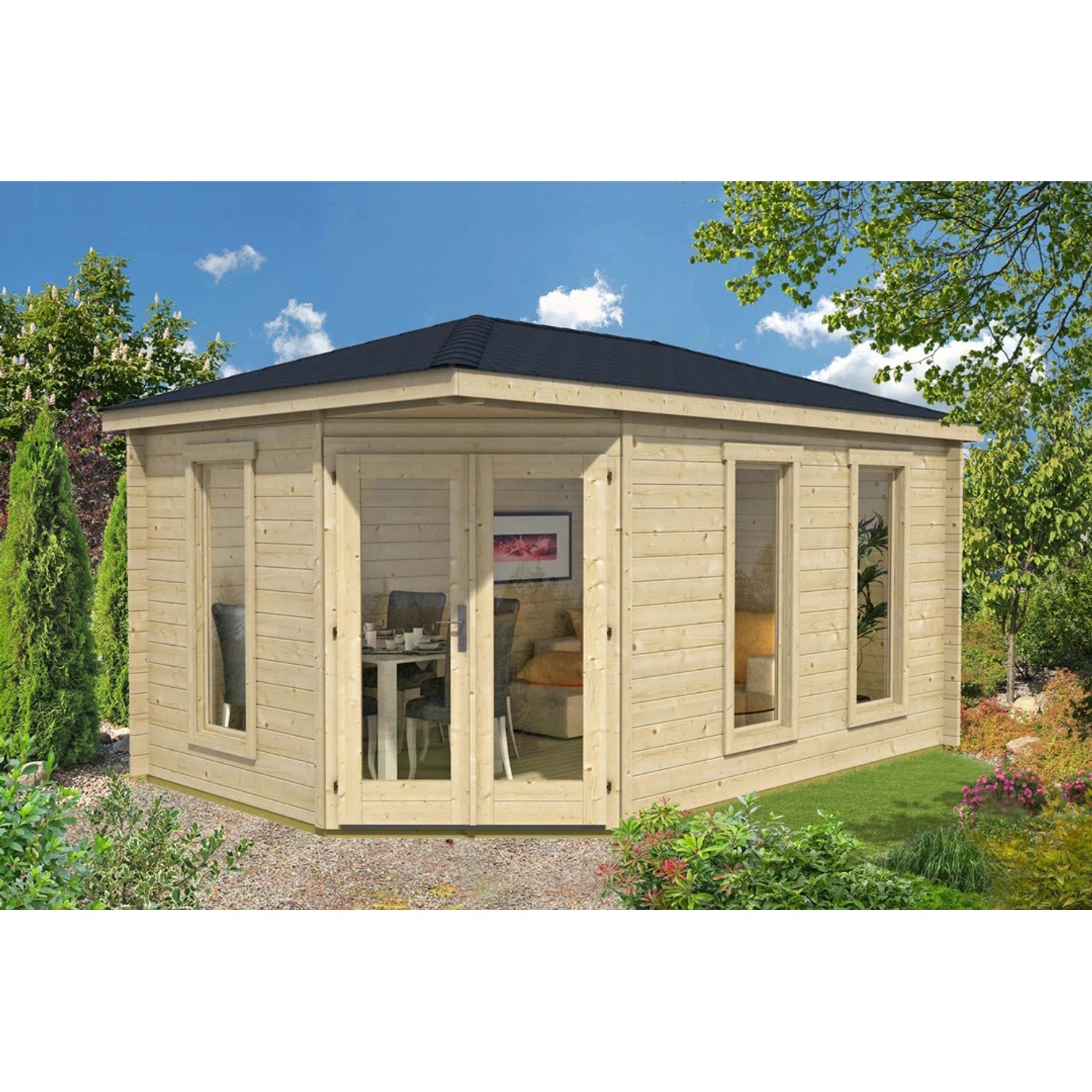 Alpholz Gartenhaus Lido-40 Walmdach 470 cm x 325 cm Imprägnierung in Pinie