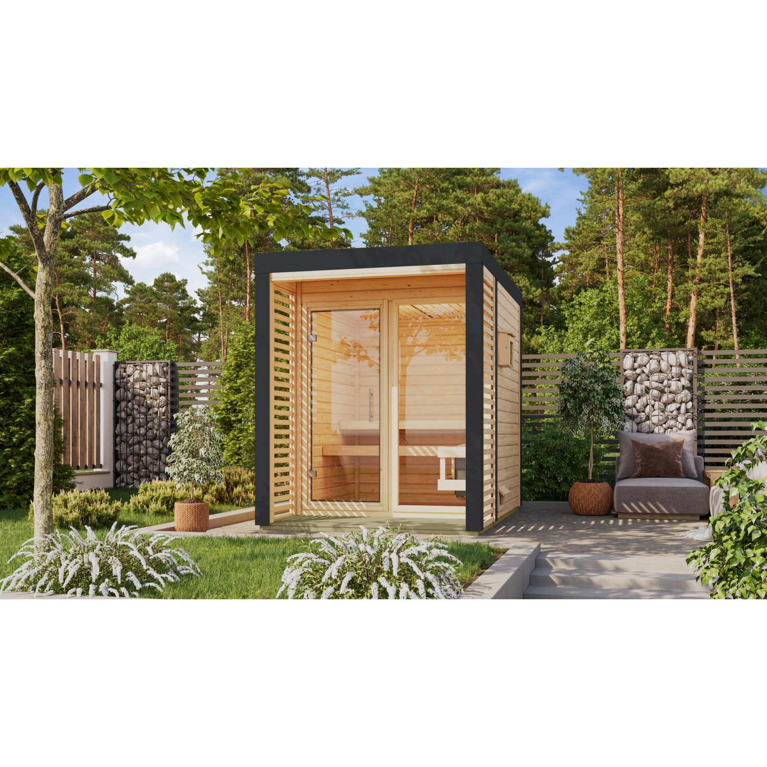 Karibu Saunahaus Seros 1 Naturbelassen/Anthrazit mit Ofen 9 kW Ext. Strg