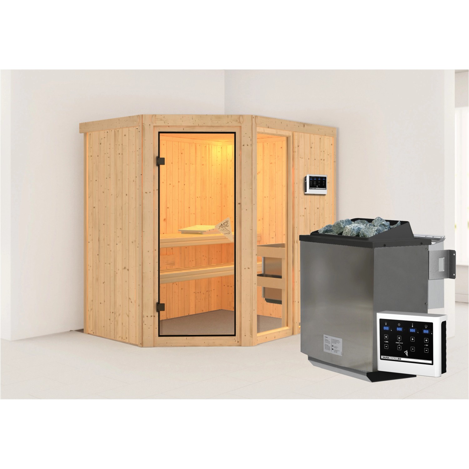 Karibu Sauna Freyja 1 mit Bio-OfenEdelstahlmit Ofen externe Stg.Natur