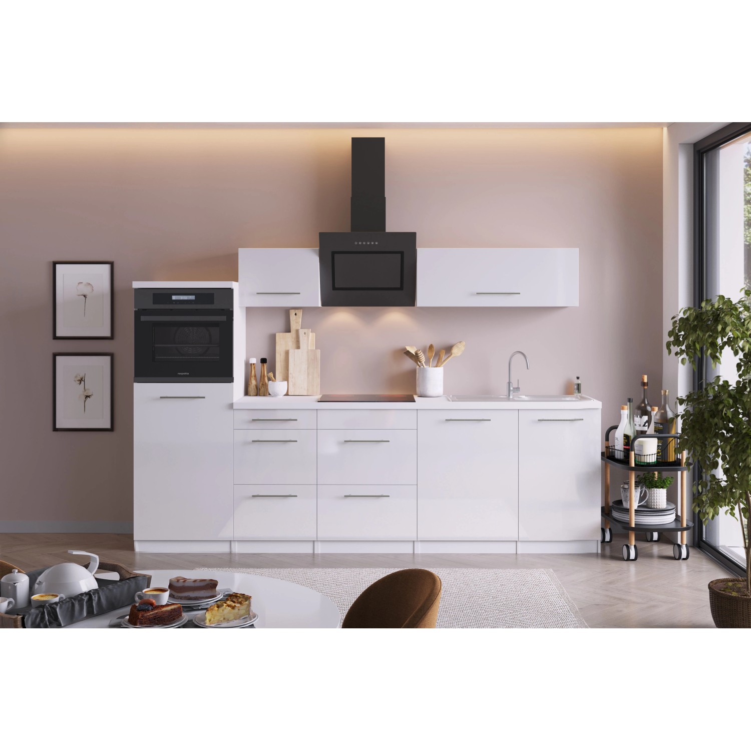 Respekta Premium Küchenzeile RP280HWW42060BS 280 cm Hochglanz Weiß