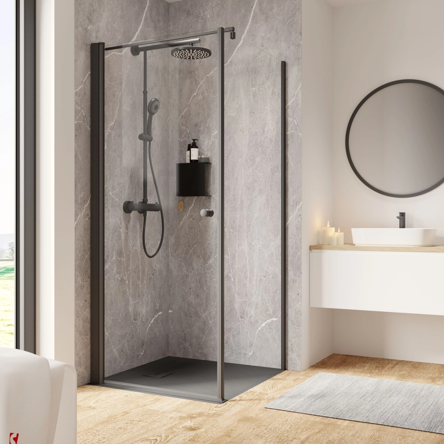 Schulte Dusche Drehtür mit Seitenwand Garant 2.0 Mattschwarz 200x90x90cm Links