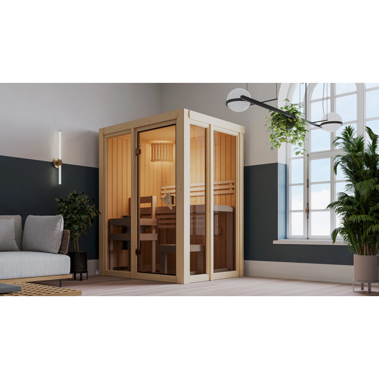 Karibu Ganzglasfront-Set für Sauna Vaira 1 Natur mit Ofen 3,6 Kw Integr. Strg.