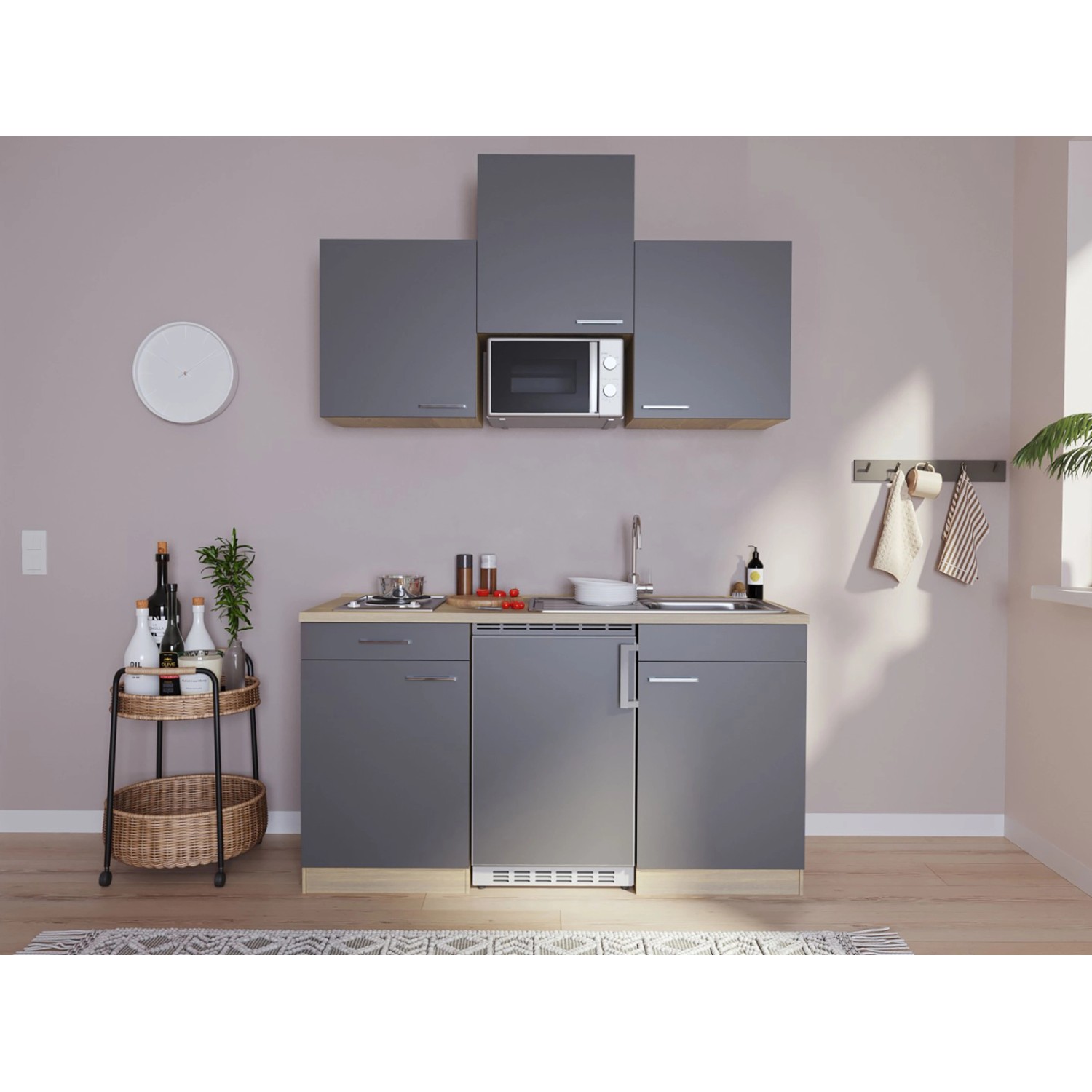 Respekta Küchenzeile KB150WGMI 150 cm Grau-Weiß Glänzend