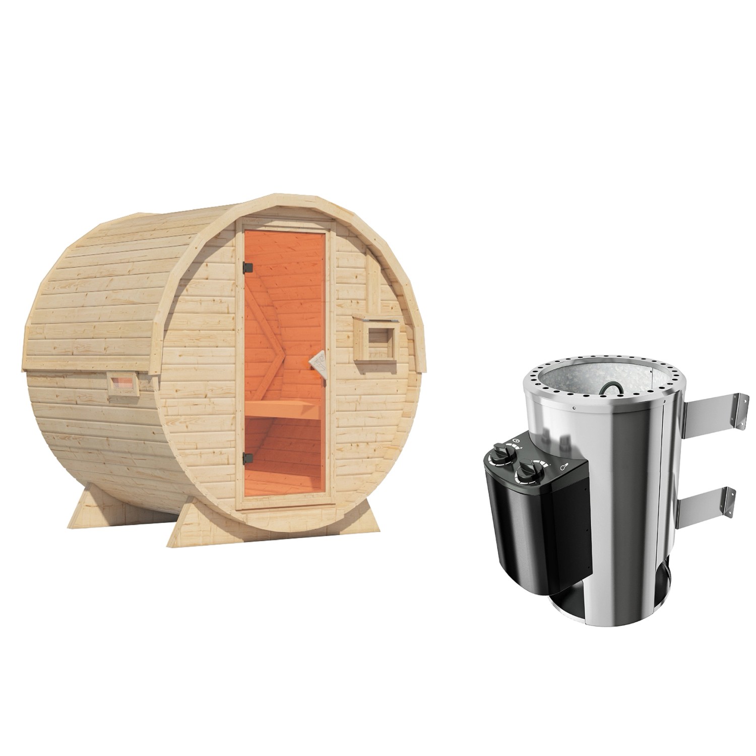 Karibu Fasssauna-Set Talea L mit Ofen 3,6 kW Integriert