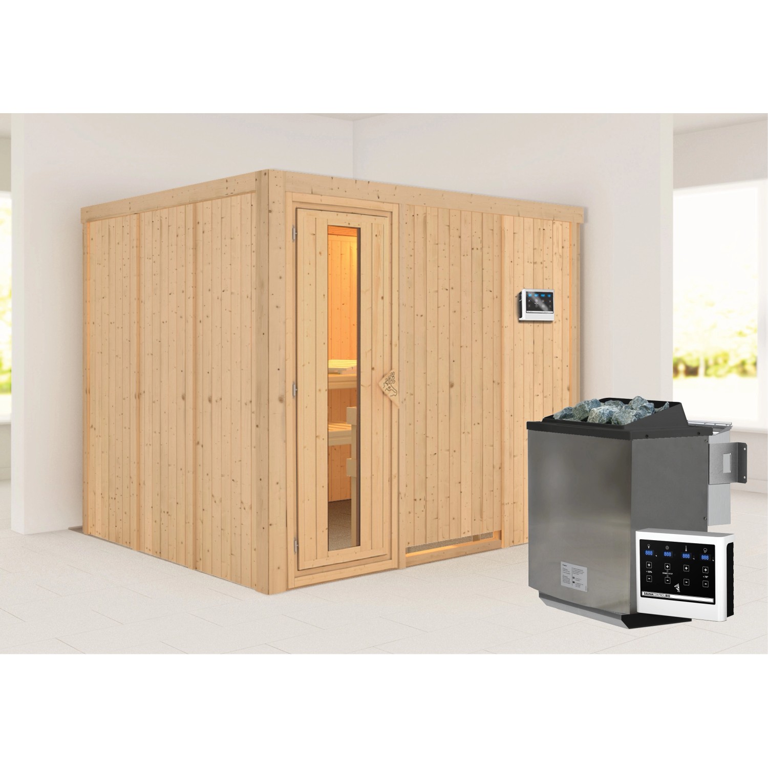 Karibu Sauna Gunda mit Bio-Ofen externe Steuerungt Natur