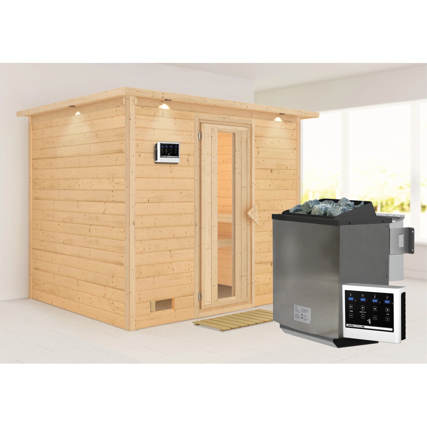 Karibu Sauna Sarina mit Bio-Ofen externe Stg.und LED-Dachkranzt Natur