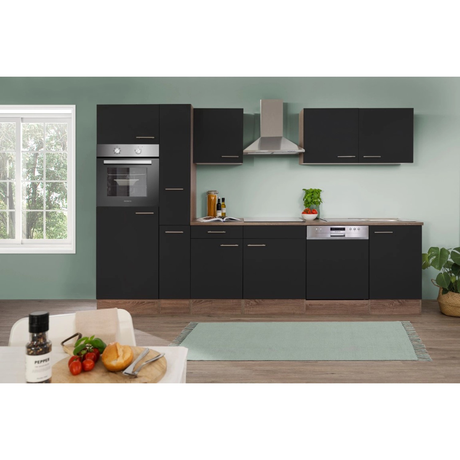 Respekta Küchenzeile KB310EYS 310 cm Schwarz Seidengl.-Eiche York Nachbildung