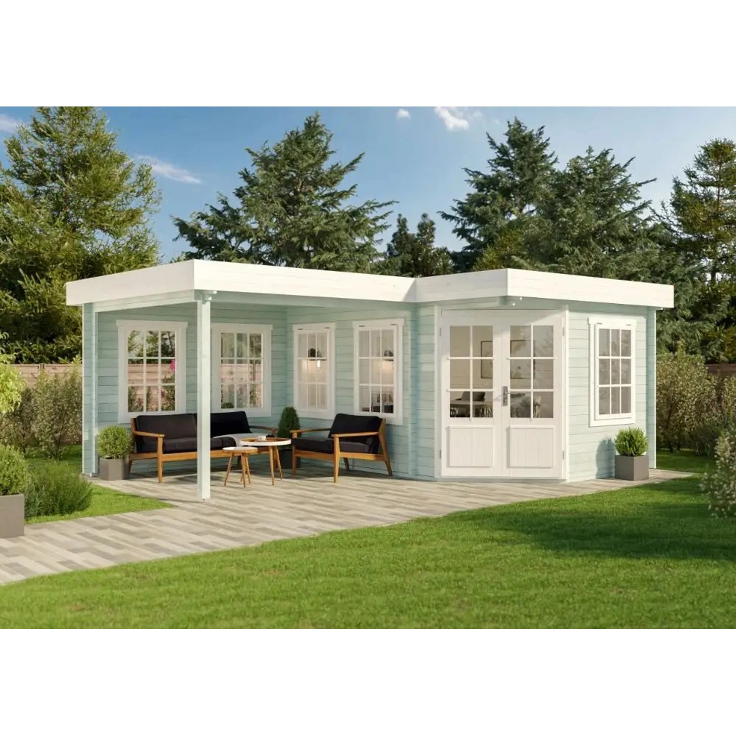 Alpholz 5-Eck Gartenhaus Pepe Flachdach Unbehandelt 422 cm x 276 cm