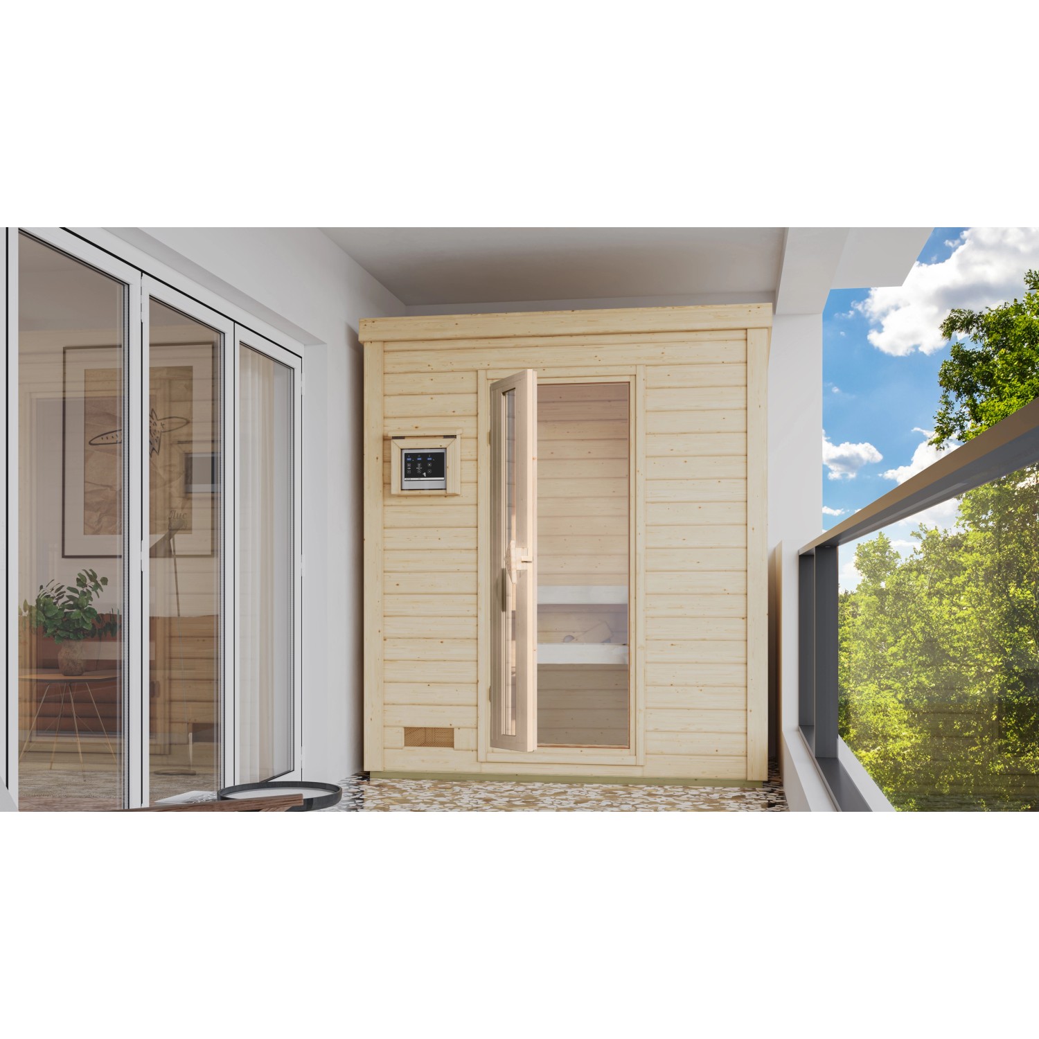 Karibu Saunahaus Arvi 0 mit Iso-Tür Naturbelassen mit Ofen 9 kW Ext. Strg.