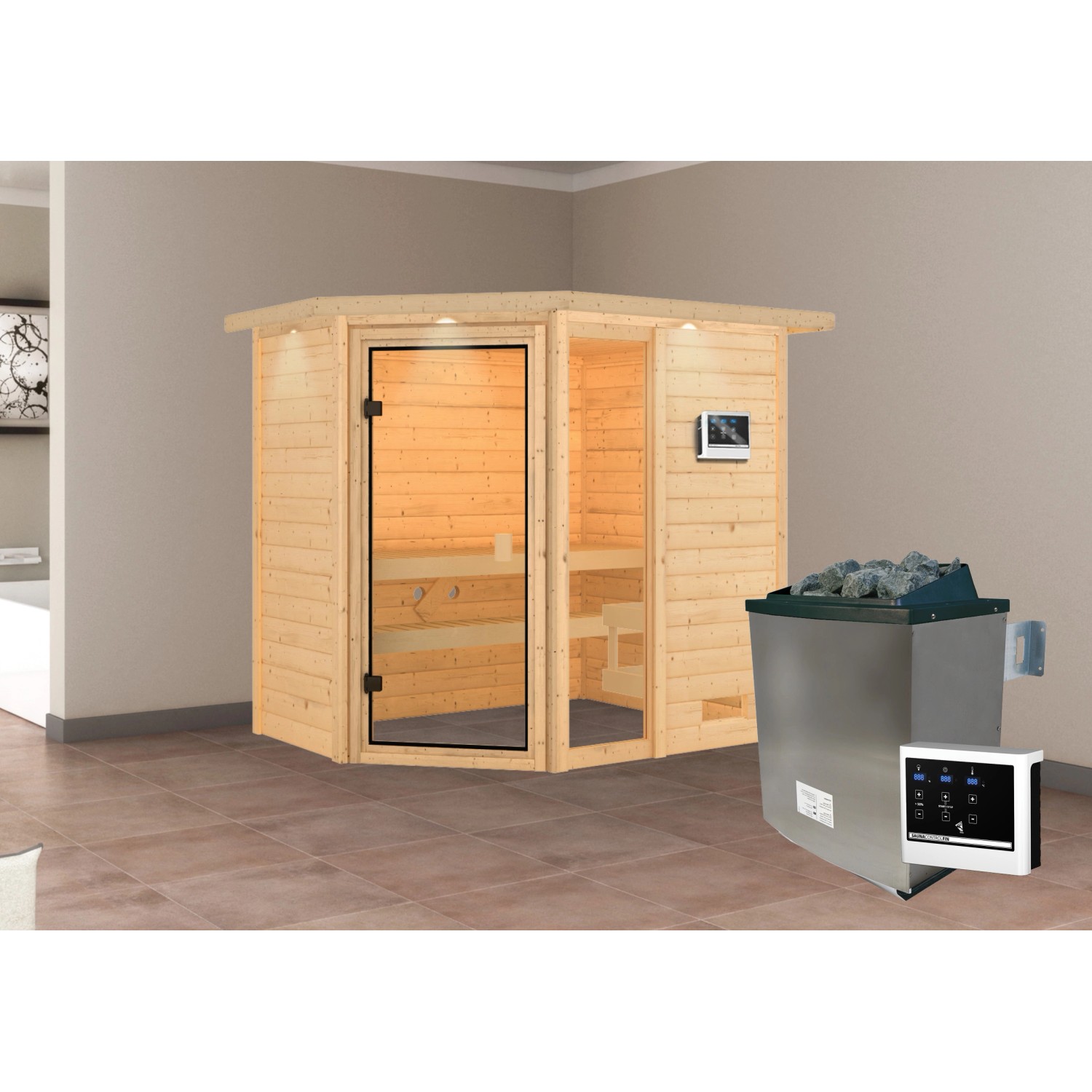 Karibu Sauna Jada mit Ofen externe Stg.LED-Dachkranz Natur