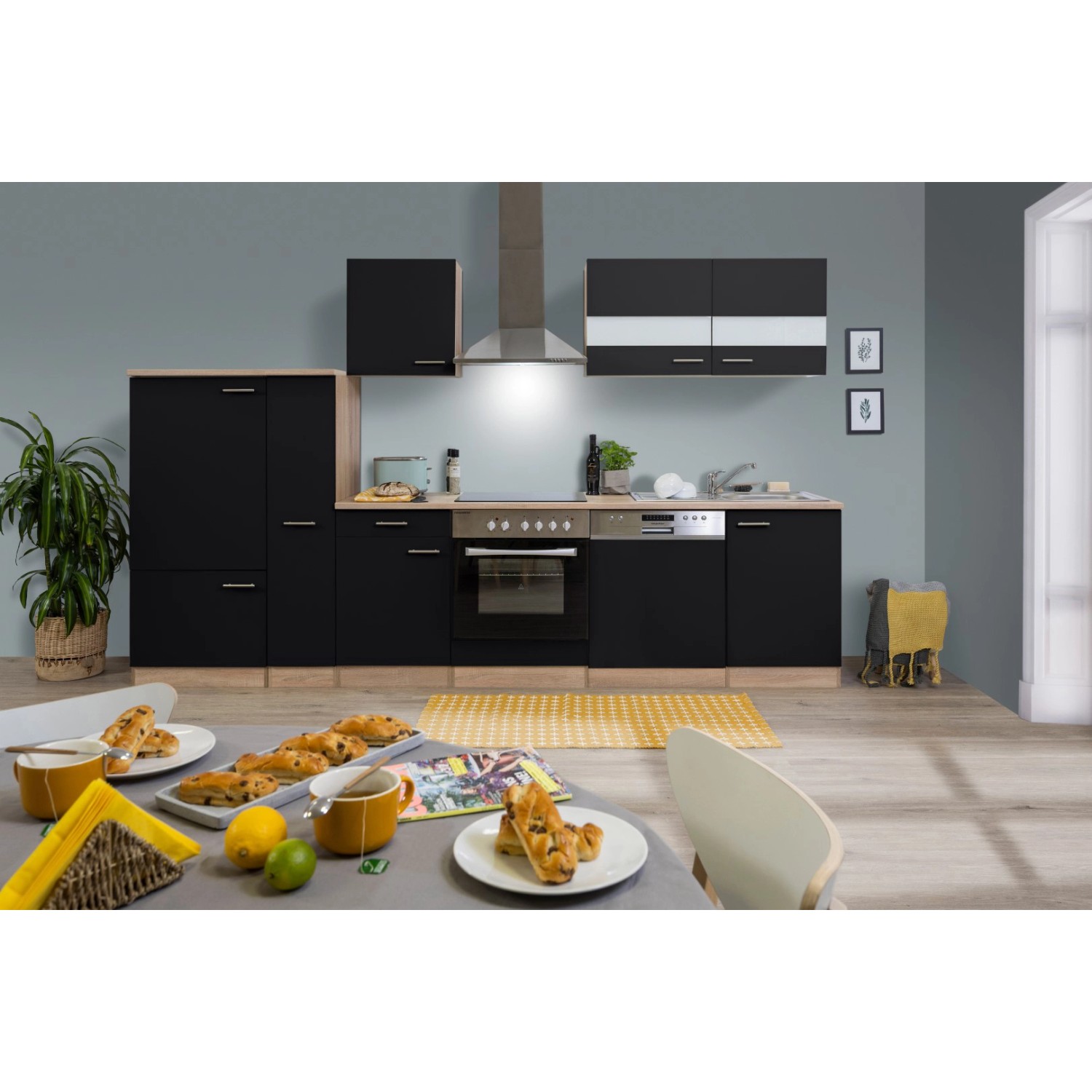Respekta Küchenzeile KB310ESSC 310 cm Schwarz-Eiche Sägerau Nachbildung