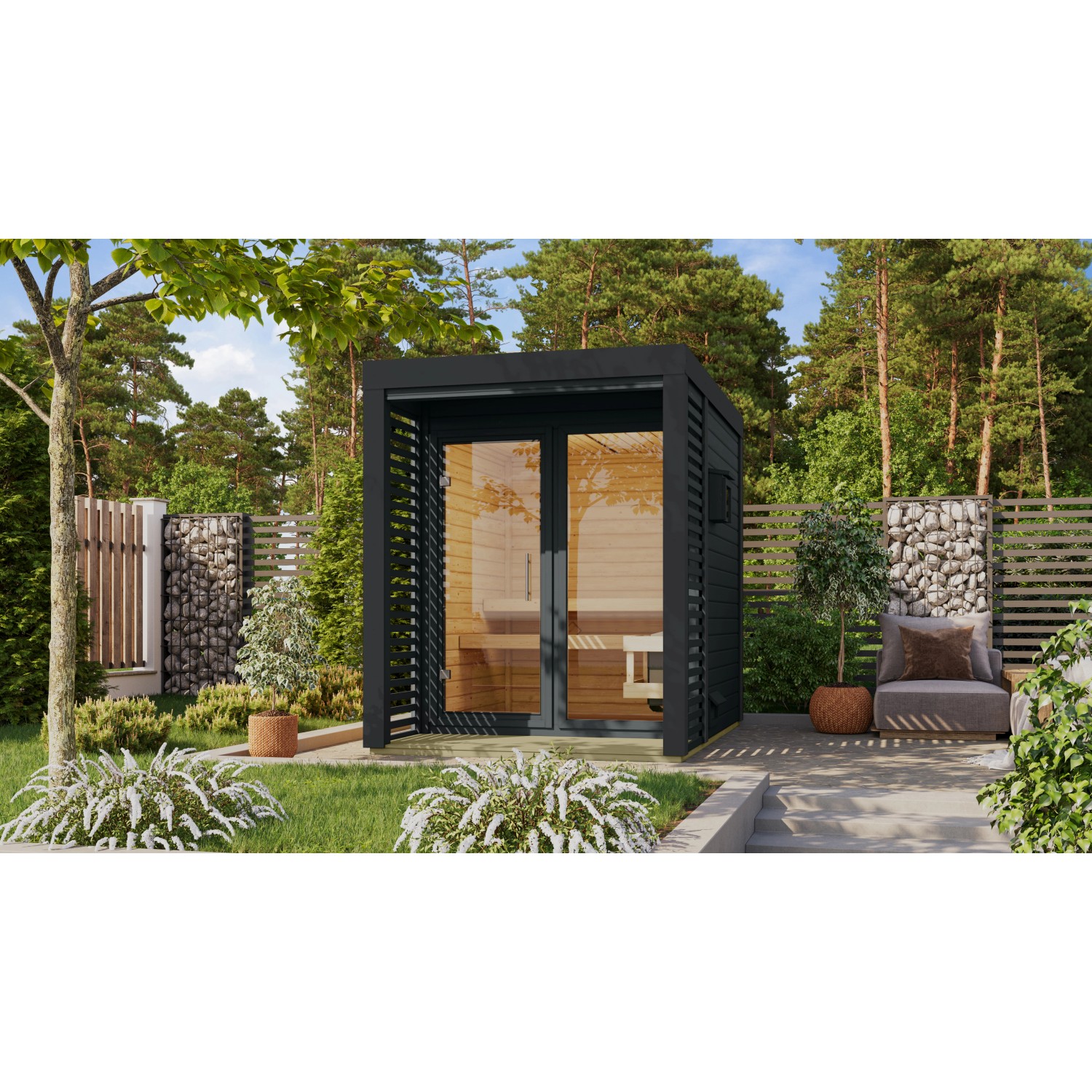 Karibu Saunahaus Seros 1 Anthrazit/Anthrazit mit Ofen 9 kW Bio Ext. Strg.