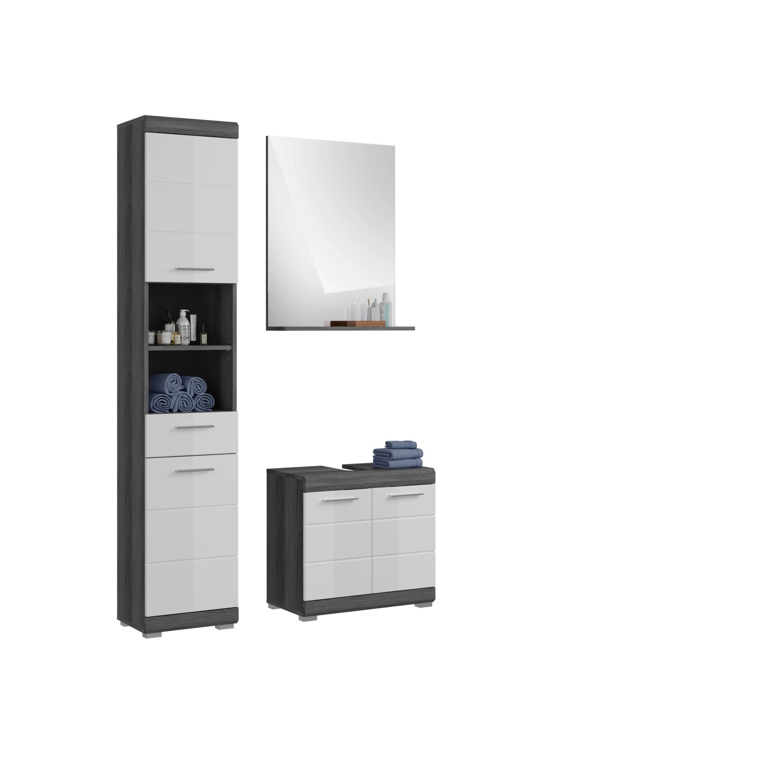 Badkombination m. Spiegel 112 cm x 191 cm x 34 cm Weiß-Rauchsilber 3-tlg.