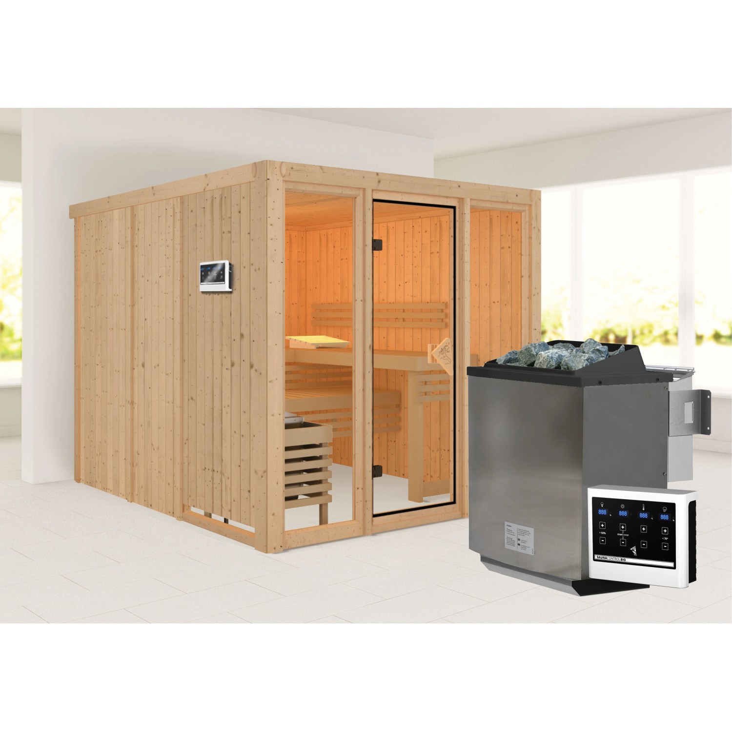 Karibu Sauna Svava Glasfront Set Natur mit Ofen 9 kW Bio ext. Strg.
