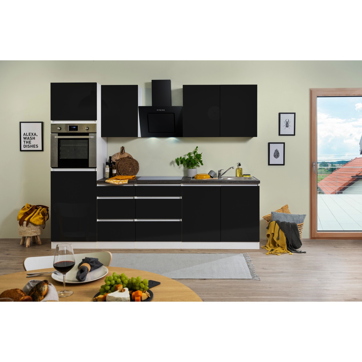 Respekta Küchenzeile GLRP270HWS Grifflos 270 cm Schwarz Hochglanz-Weiß