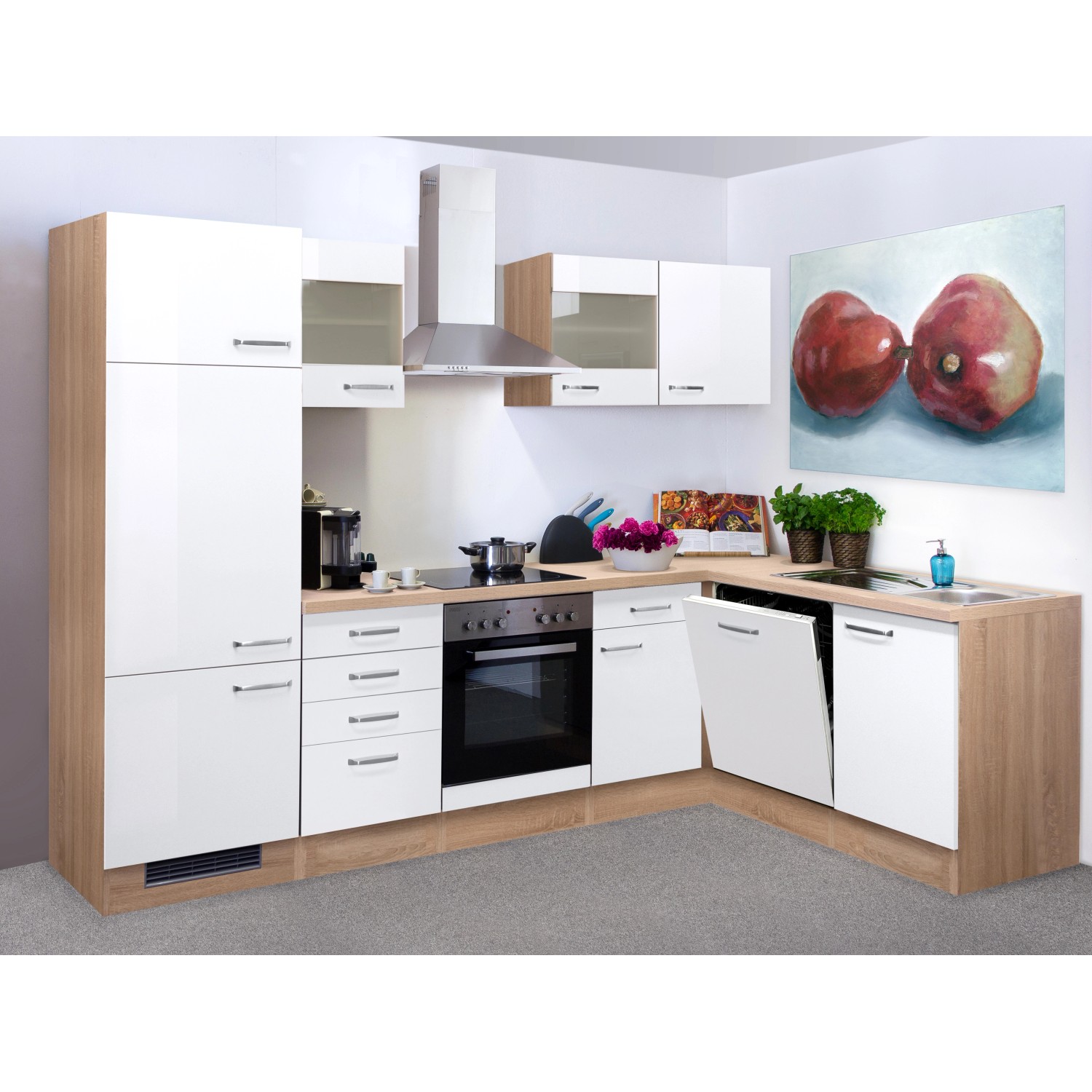 Flex-Well Exclusiv Winkelküche Valero 280 cm Hochglanz Weiß-Sonoma Eiche