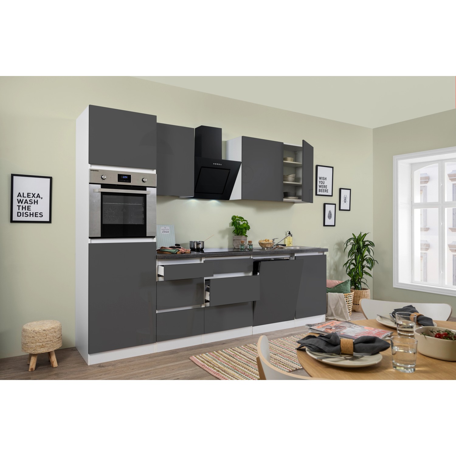 Respekta Küchenzeile GLRP280HWG 280 cm Grau Hochglanz Granit-Optik Grifflos