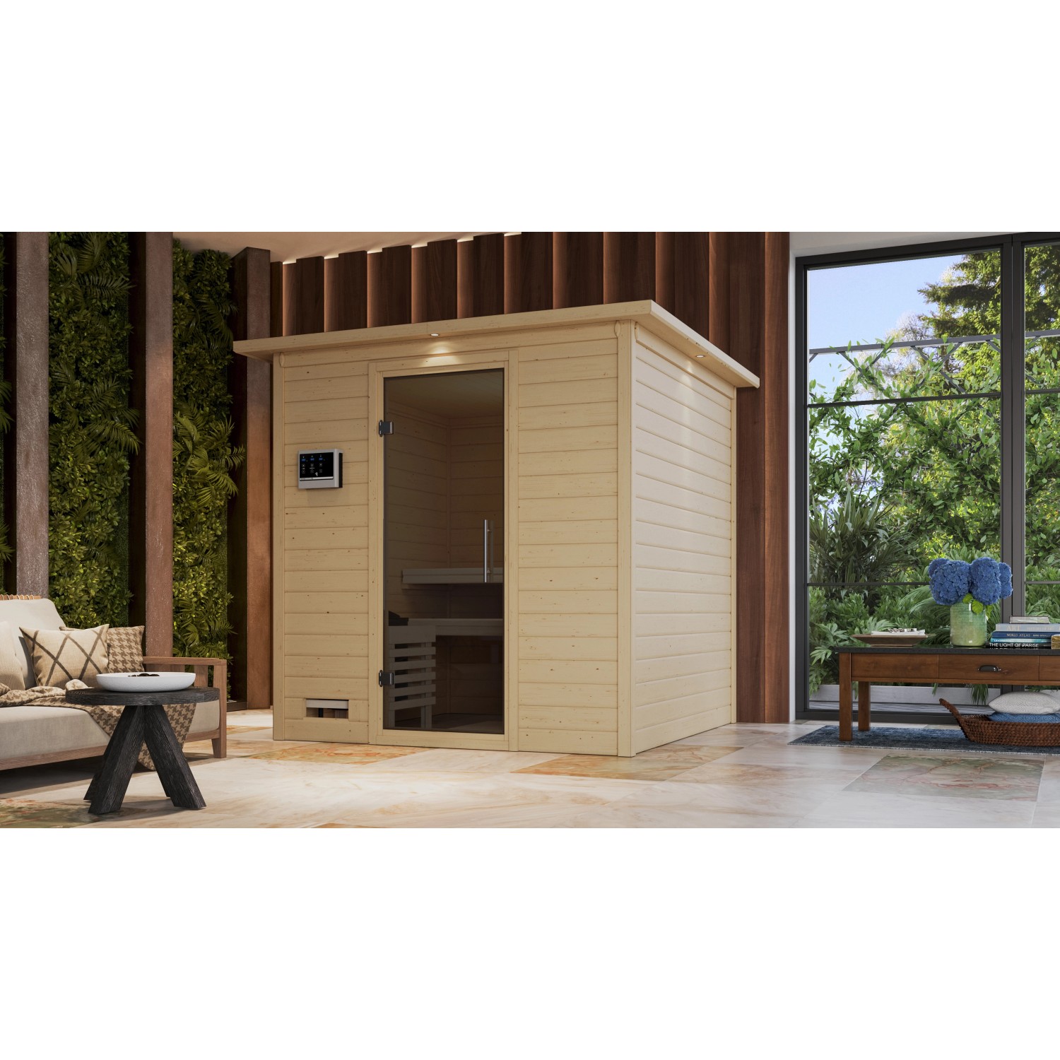Karibu Sauna Marika mit Ofen externe Stg.LED-Dachkranz Grap Natur