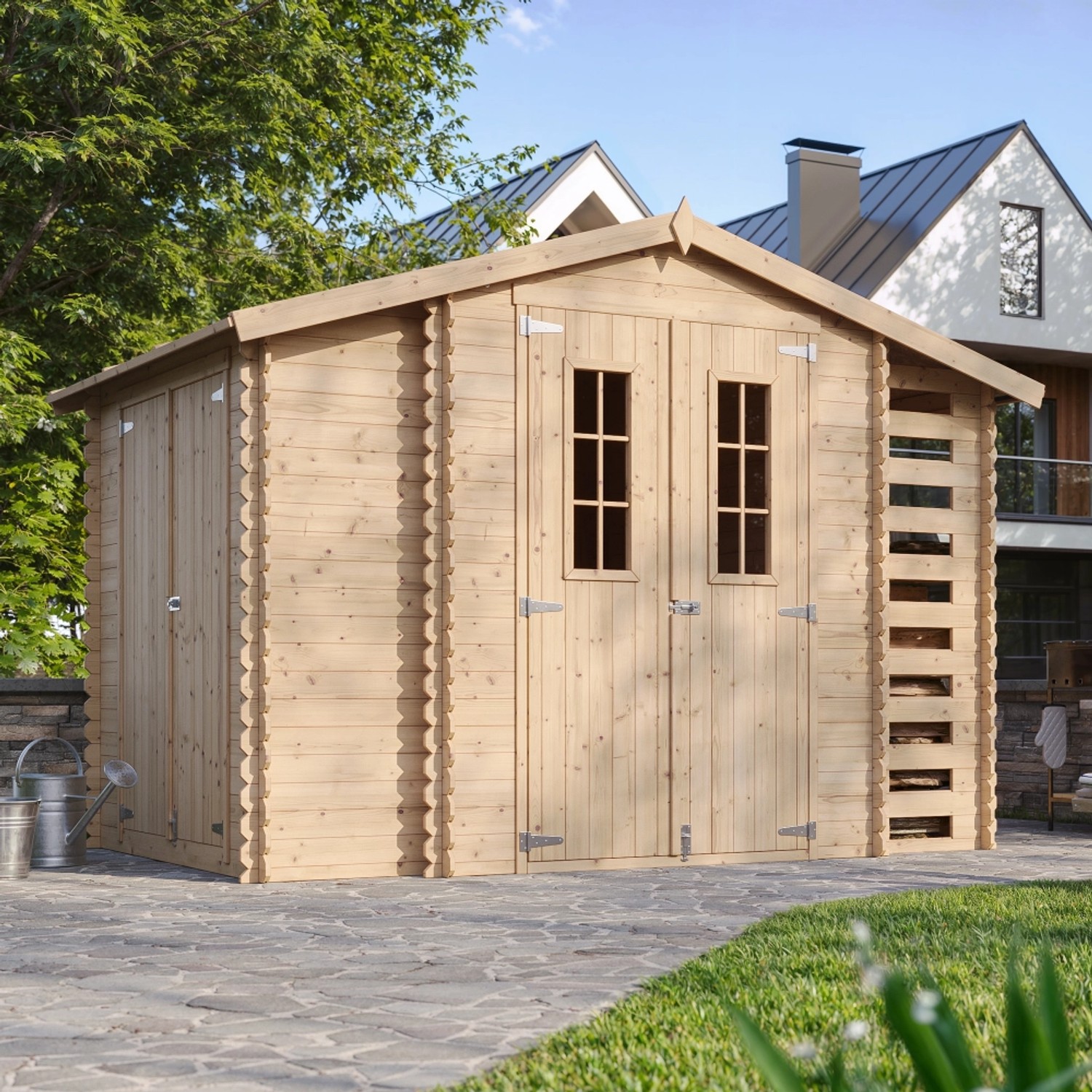 Timbela Holz-Gartenhaus M389C+M389G mit Boden Beige Braun 5,47 m² FSC®