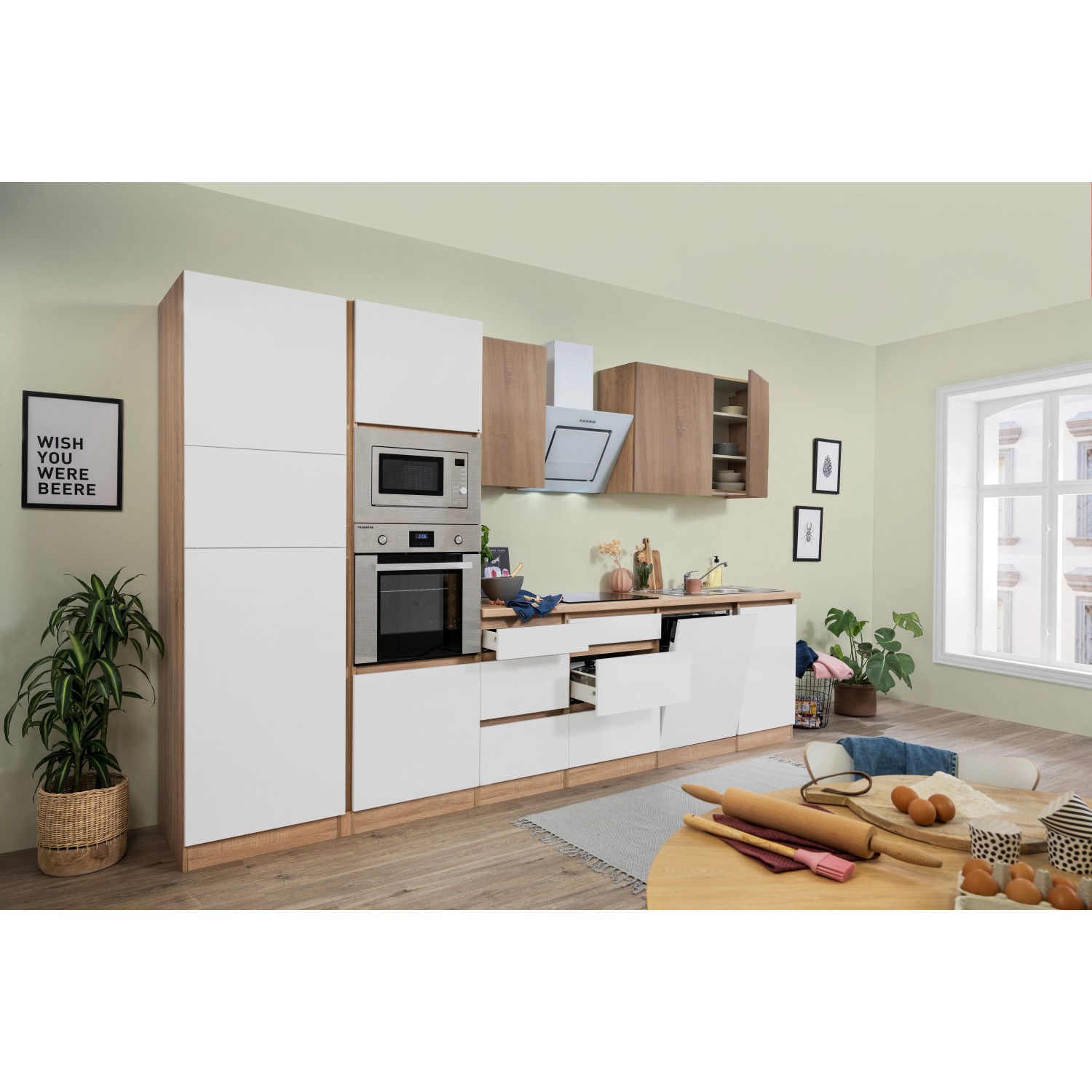 Respekta Premium Küchenzeile GLRP345HESWGKEOES Grifflos 345 cm Weiß Eiche NB