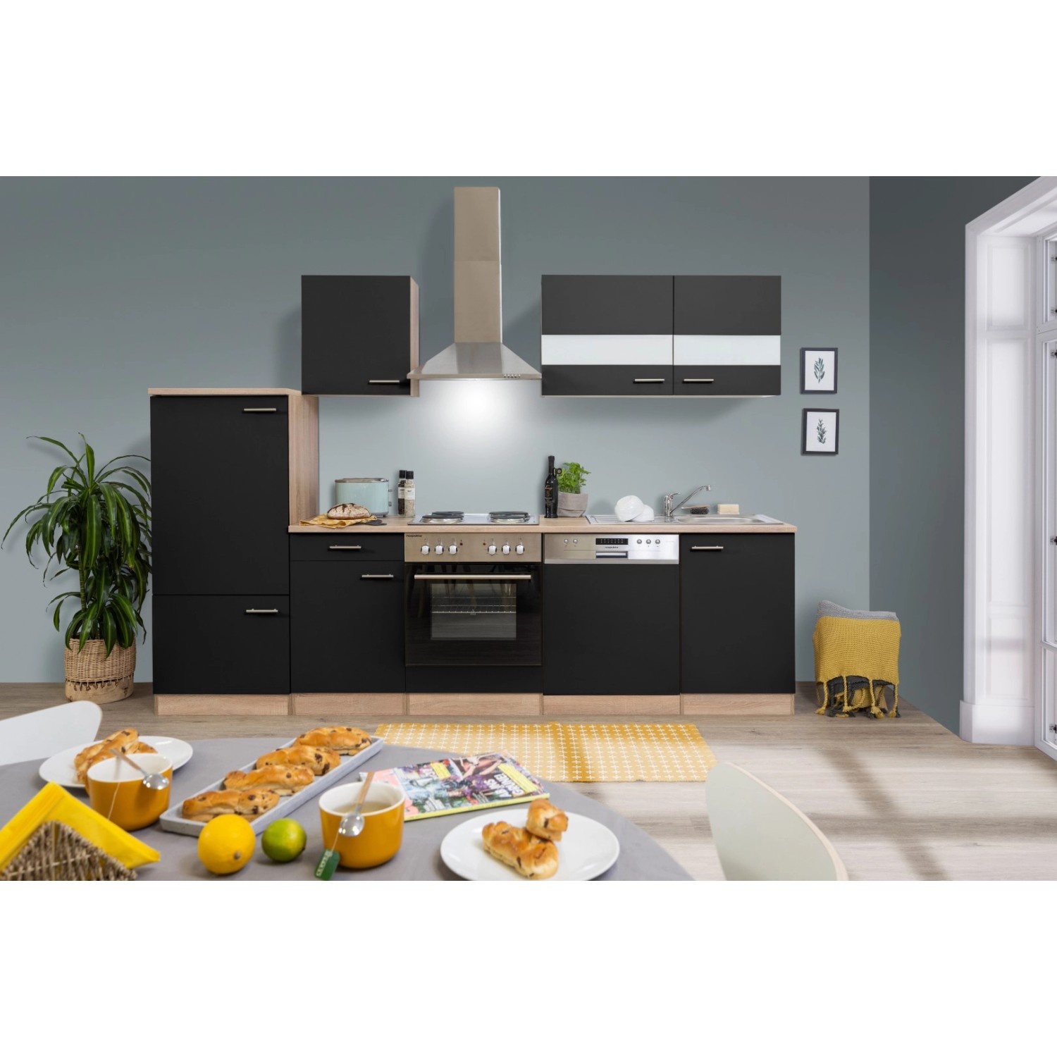 Respekta Küchenzeile KB280ESS 280 cm Schwarz-Eiche Sägerau Nachbildung
