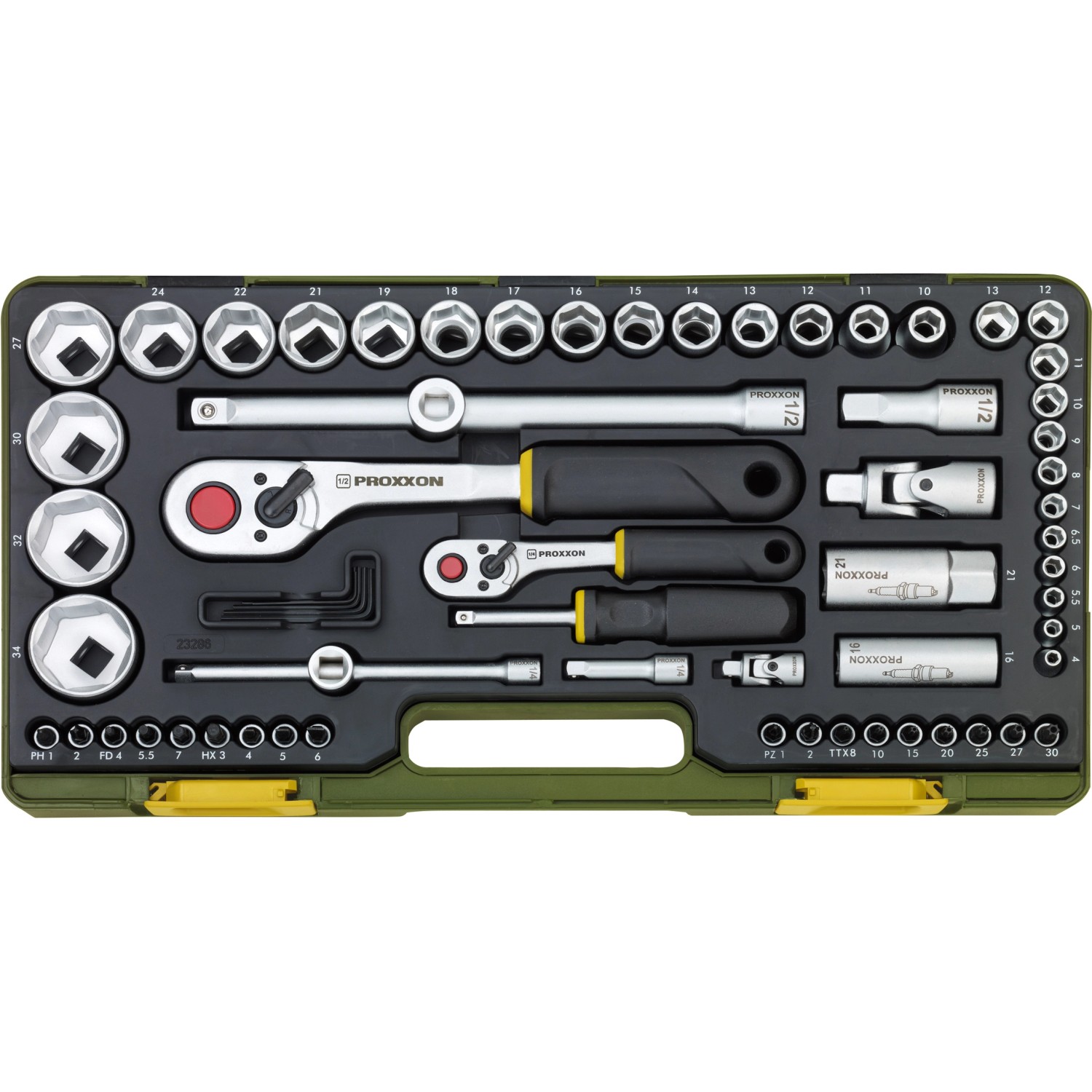 Proxxon Steckschlüsselsatz mit Knüppelratschen 1/4 Zoll und 1/2 Zoll 65-tlg.