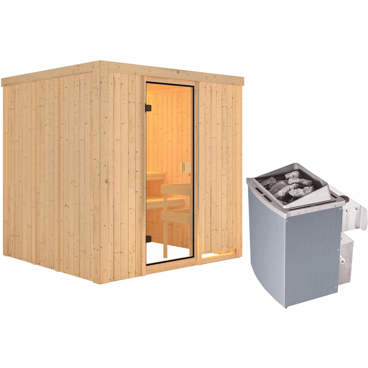 Woodfeeling Sauna Tromsö inkl. 9 kW Ofen mit integr. Strg., Glastür Bronziert
