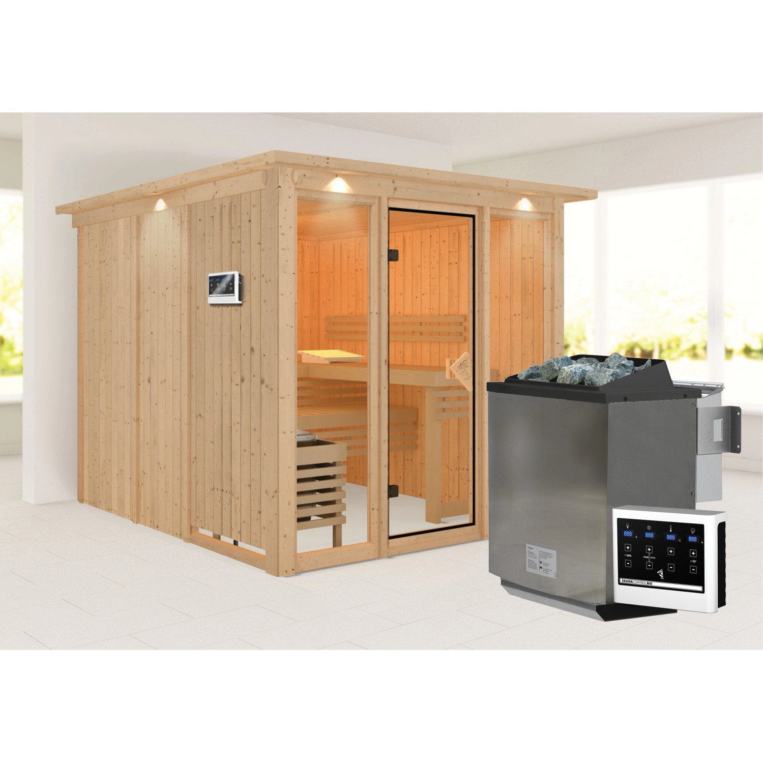 Karibu Sauna Svava Glasfront m. Kranz Set Natur m. Ofen 9 kW Bio ext. Strg.