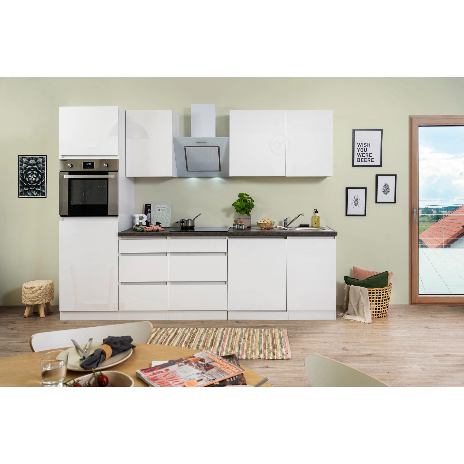 Respekta Küchenzeile GLRP280HWW 280 cm Weiß Hochglanz Granit-Optik Grifflos