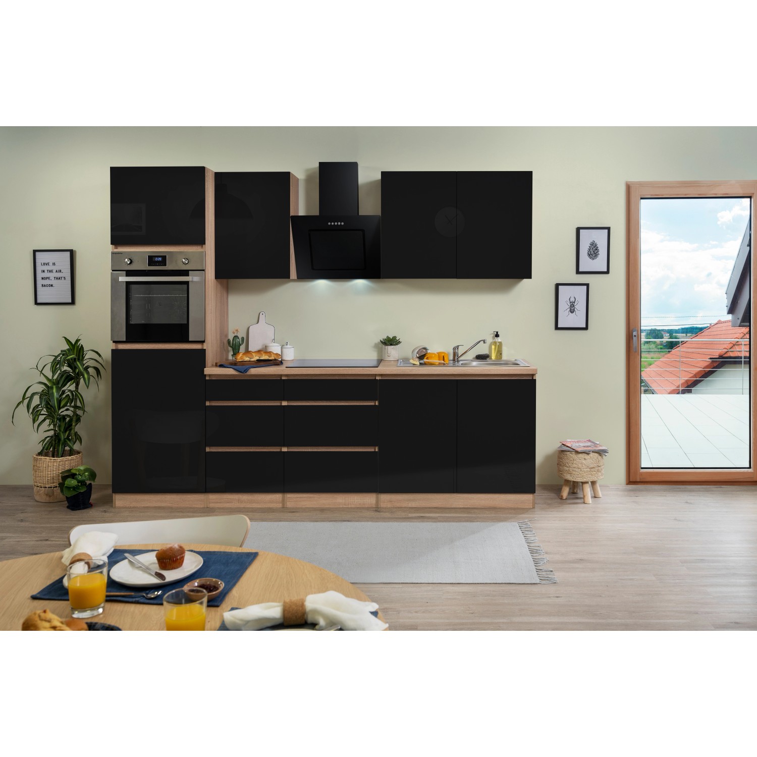 Respekta Küchenzeile GLRP270HESS Grifflos  270 cm Schwarz Hochglanz-Sonoma Eiche