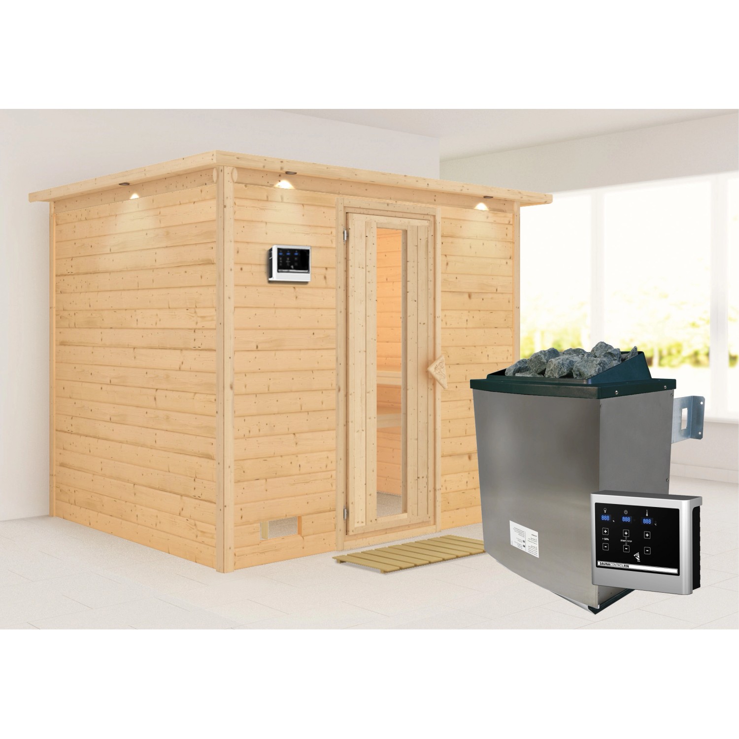 Karibu Sauna Sarina mit Ofen externe Stg.und LED-Dachkranzt Natur