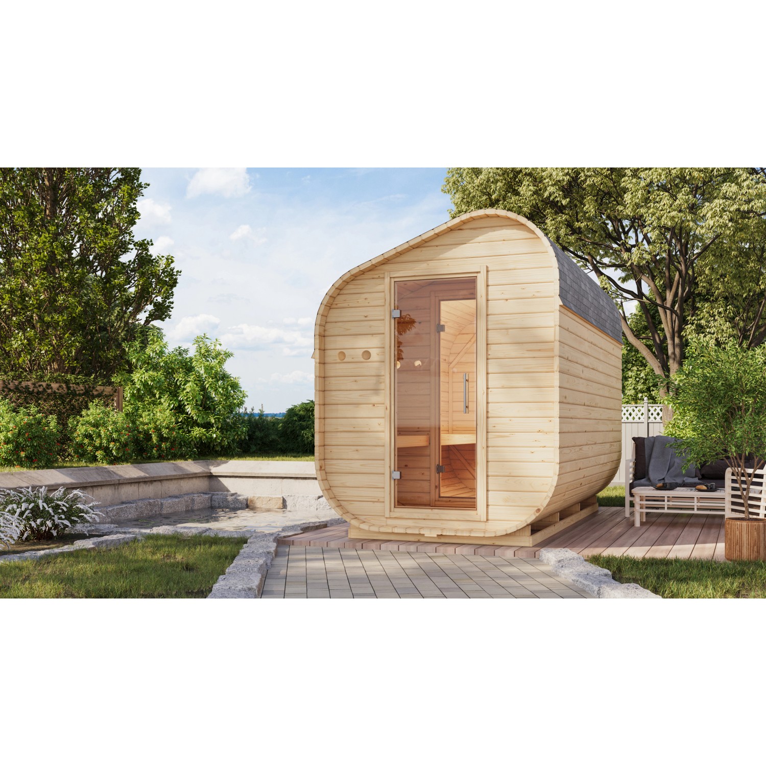 Karibu Fasssauna-Set Asymetrisch 3 Naturbelassen mit Ofen 9 kW Ext. Strg.