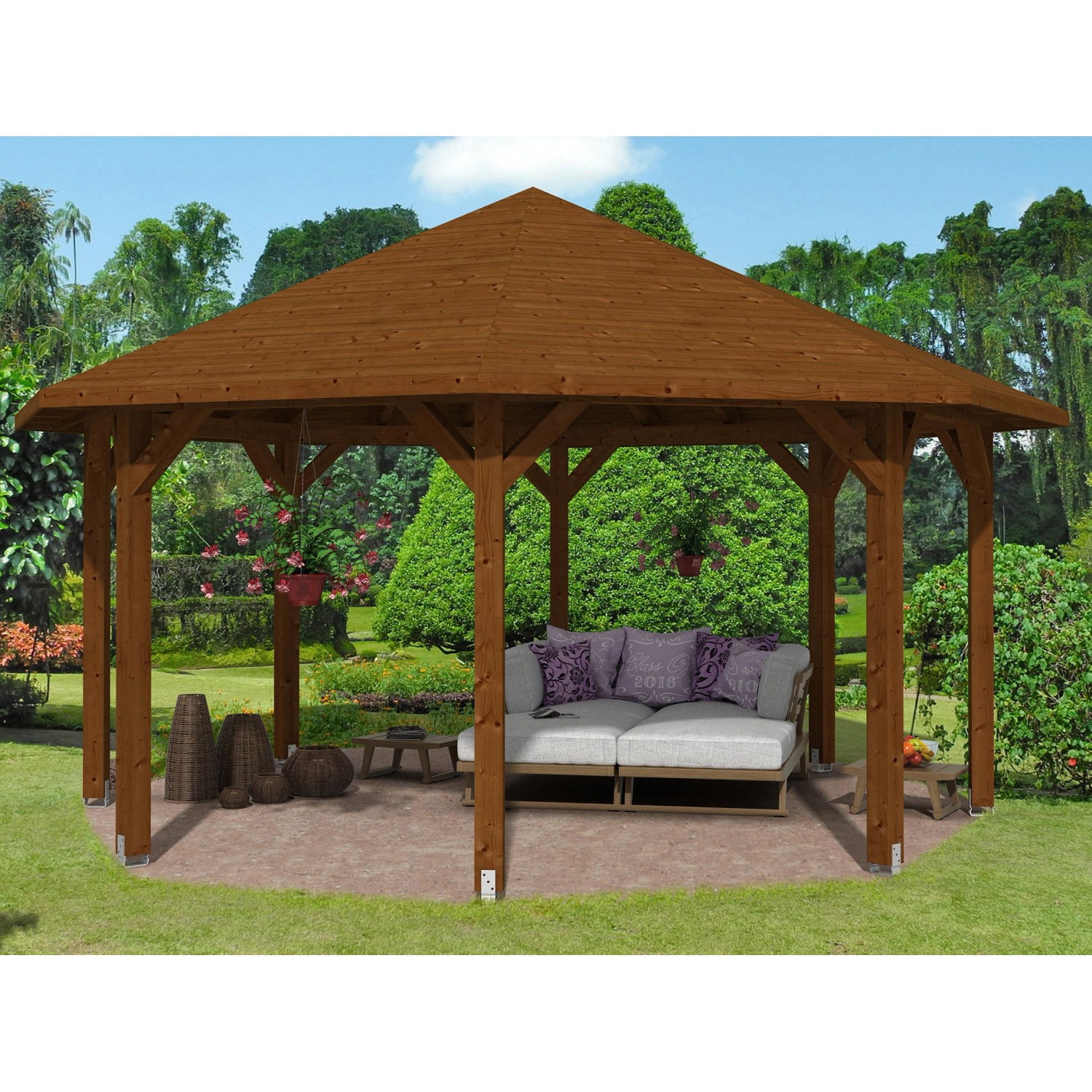 Skan Holz Pavillon Nice 3 Leimholz 557 cm x 557 cm Nussbaum