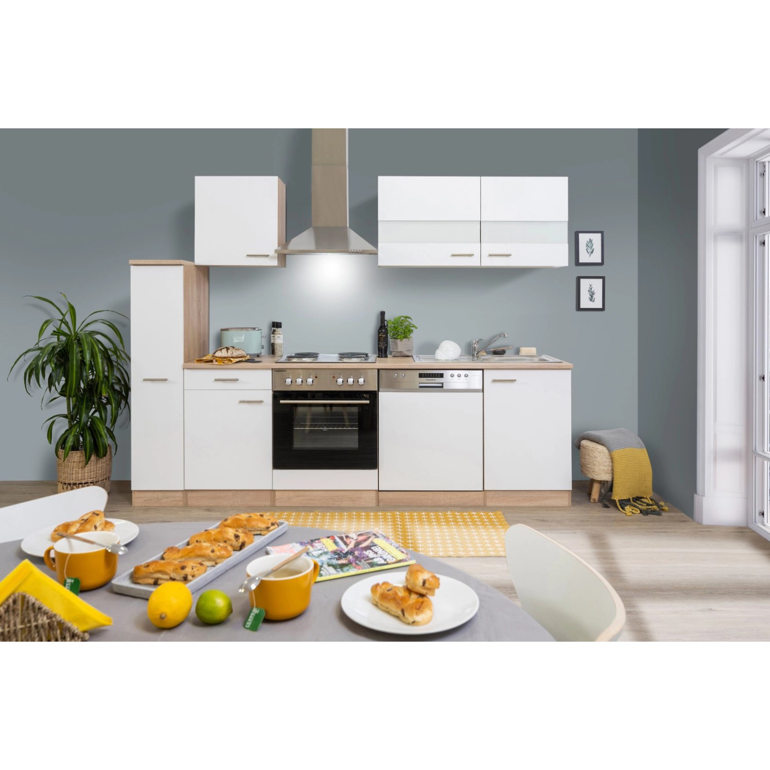 Respekta Küchenzeile KB250ESW 250 cm Weiß-Eiche