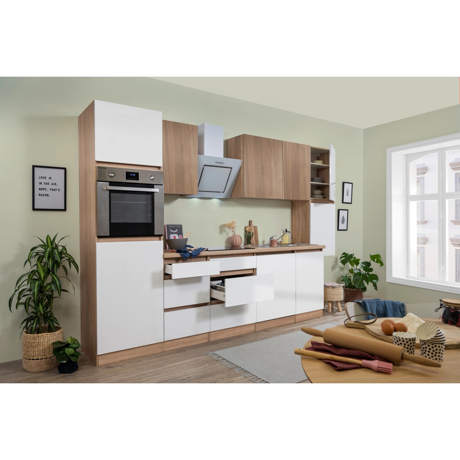 Respekta Premium Küchenzeile GLRP330HESWOES Grifflos 330 cm Weiß Eiche Säger. NB