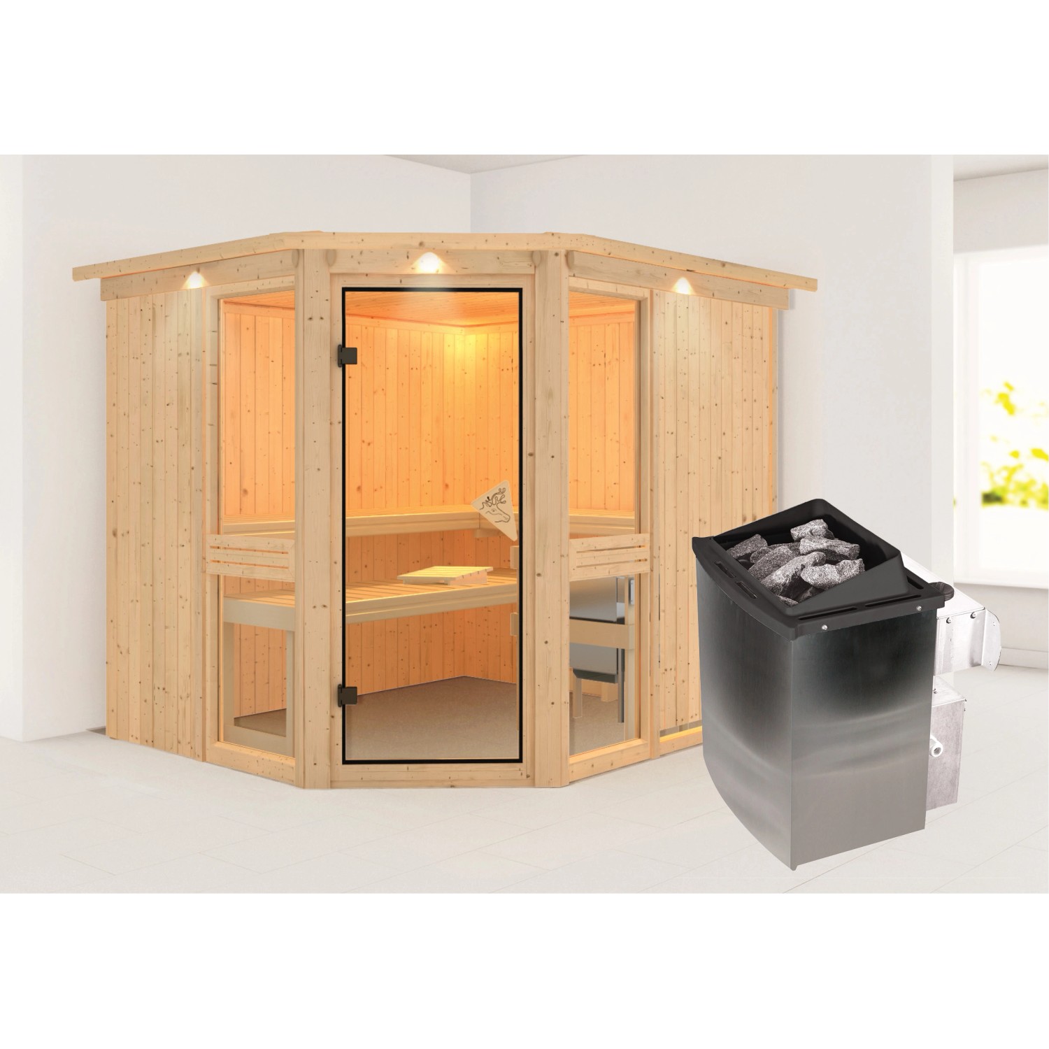Karibu Sauna Anina 3 mit Ofen intergrierte Stg.LED-Dachkranz Natur