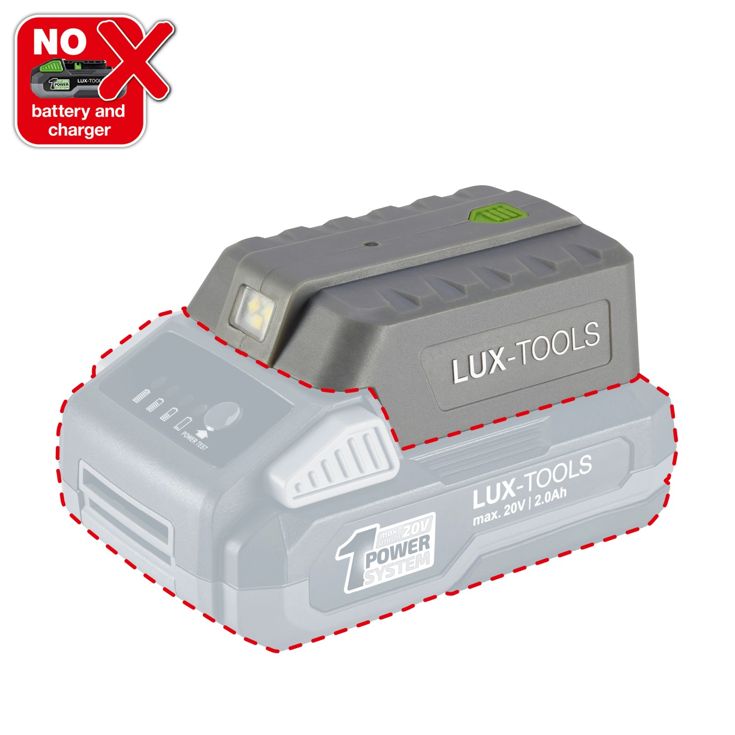 LUX-USB-Akkuadapter 20 V mit Taschenlampe