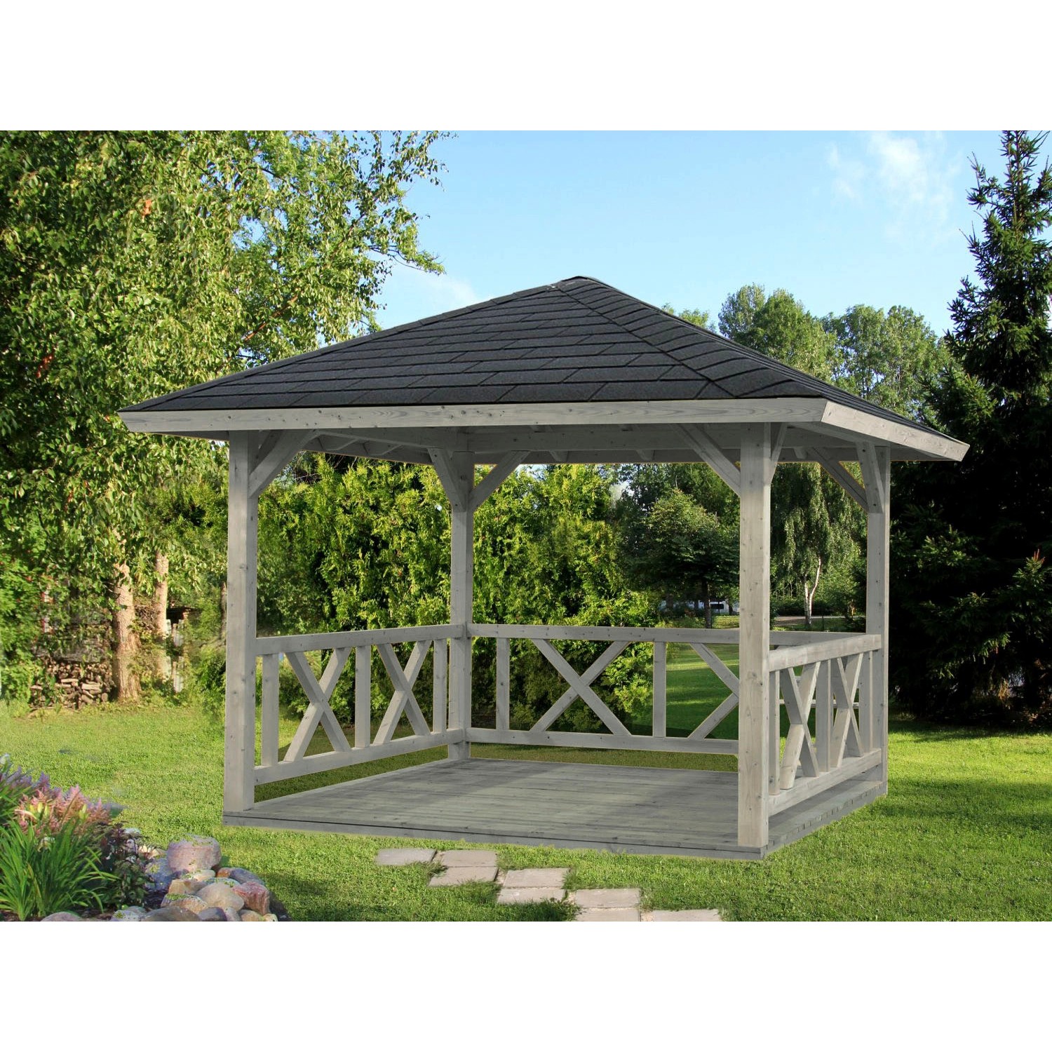 Palmako Holz-Pavillon Betty Grau imprägniert 300 cm x 300 cm ohne Fußboden