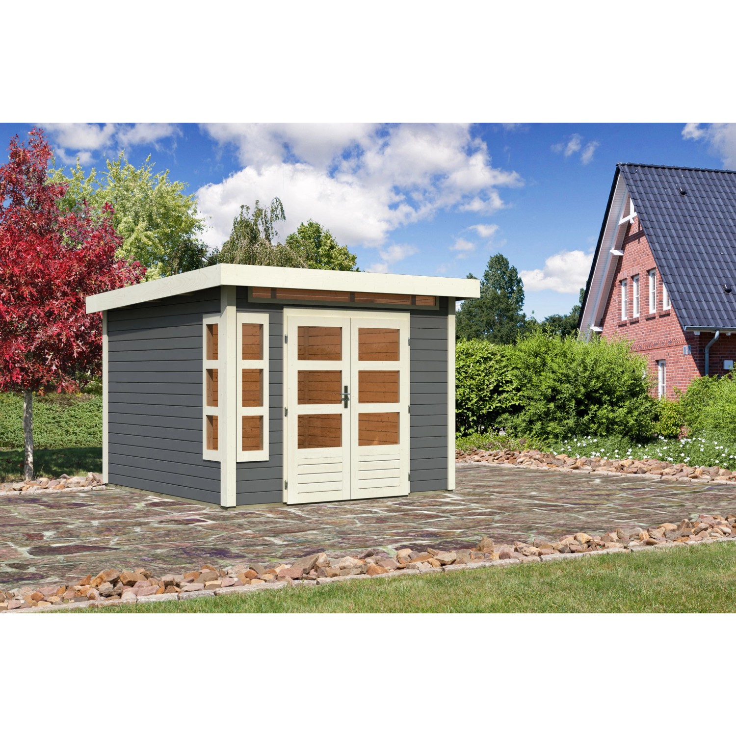 Karibu Holz-Gartenhaus Kastberg Terragrau Flachdach Lackiert 270 cm x 270 cm