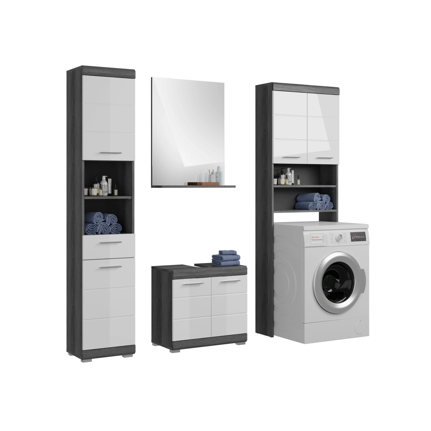 Badkombination m. Spiegel 190 cm x 191 cm x 34 cm Weiß-Rauchsilber