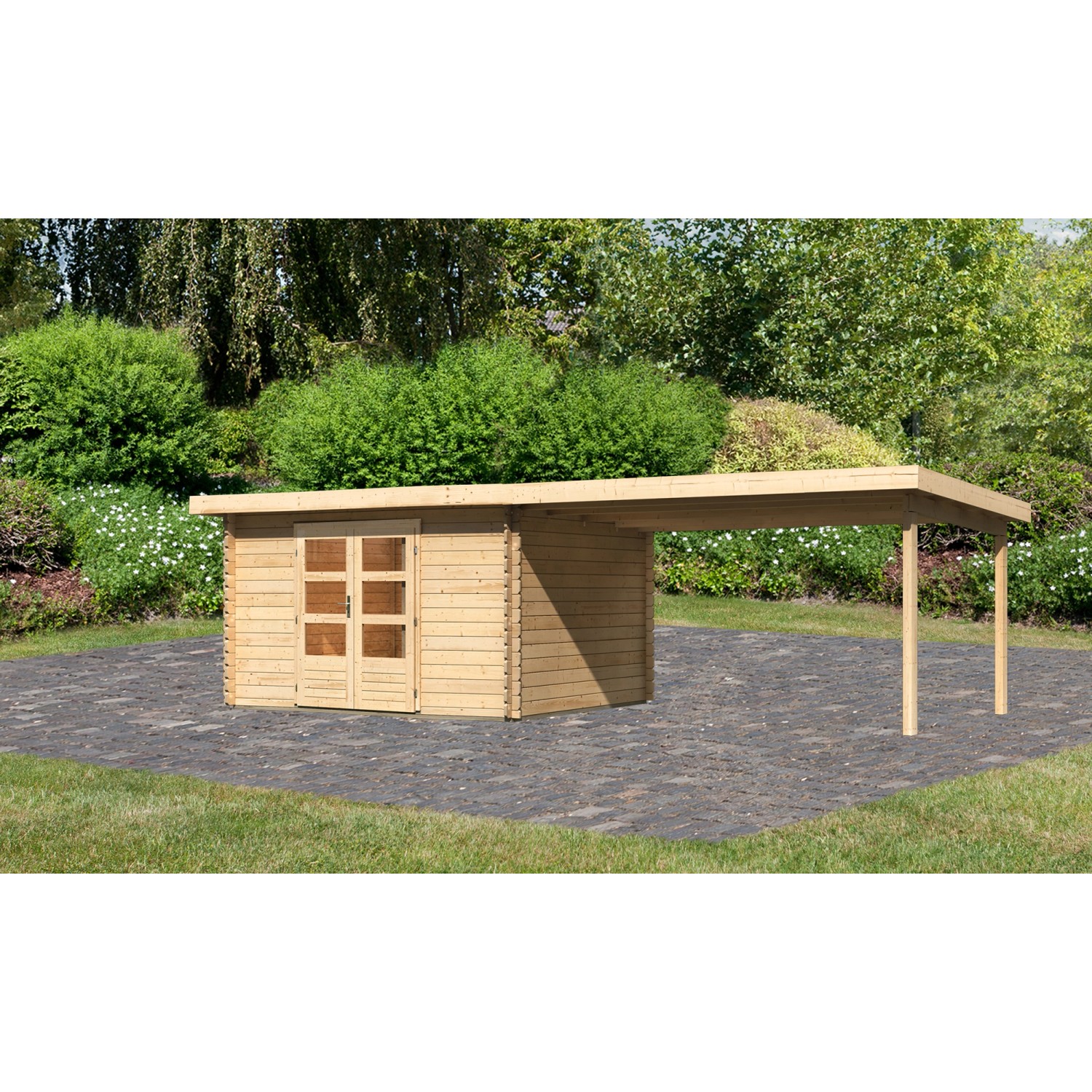 Karibu Holz-Gartenhaus Ängelholm Natur Pultdach Unbehandelt 340 cm x 280 cm