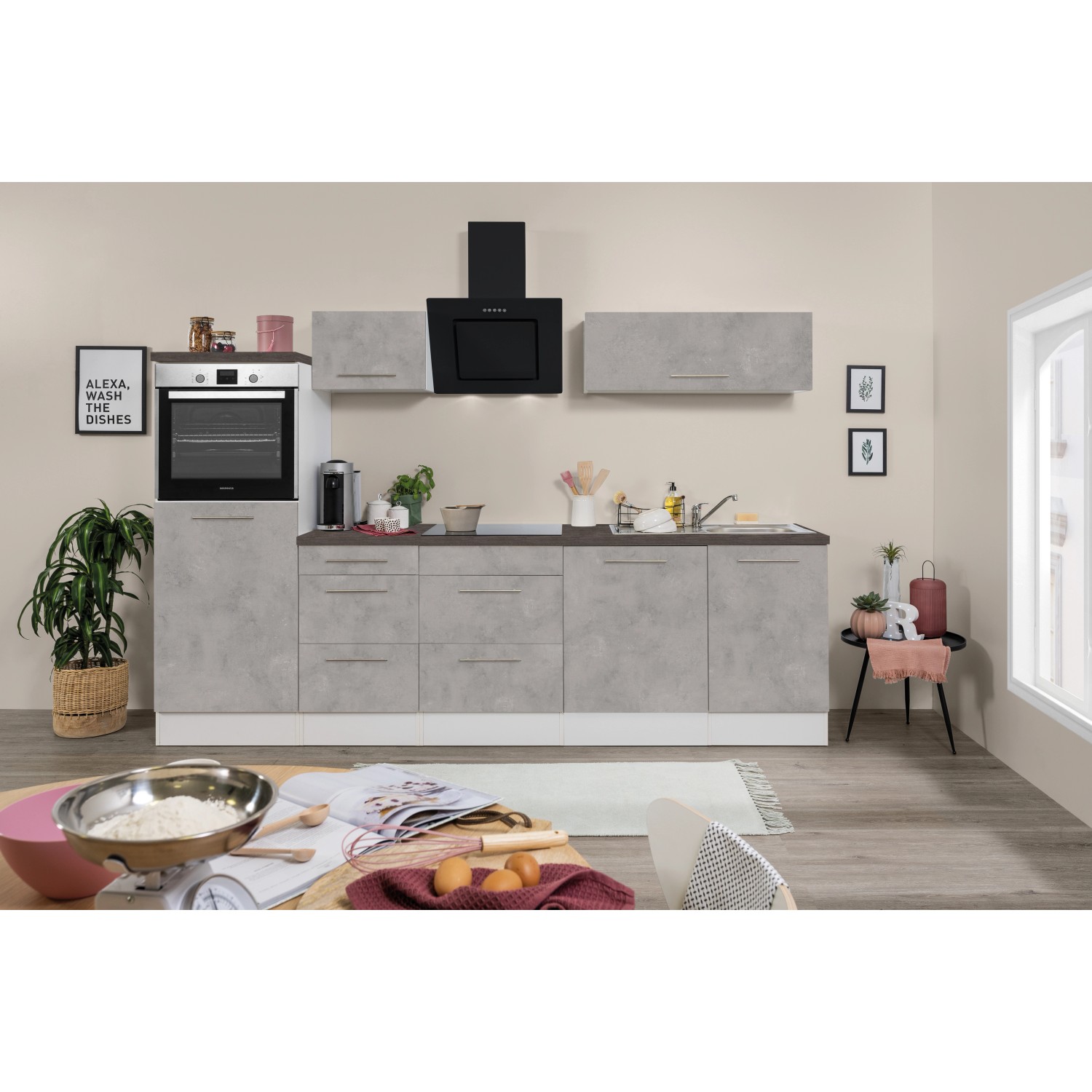 Respekta Premium Küchenzeile Amanda 280 cm  Beton-Optik-Weiß
