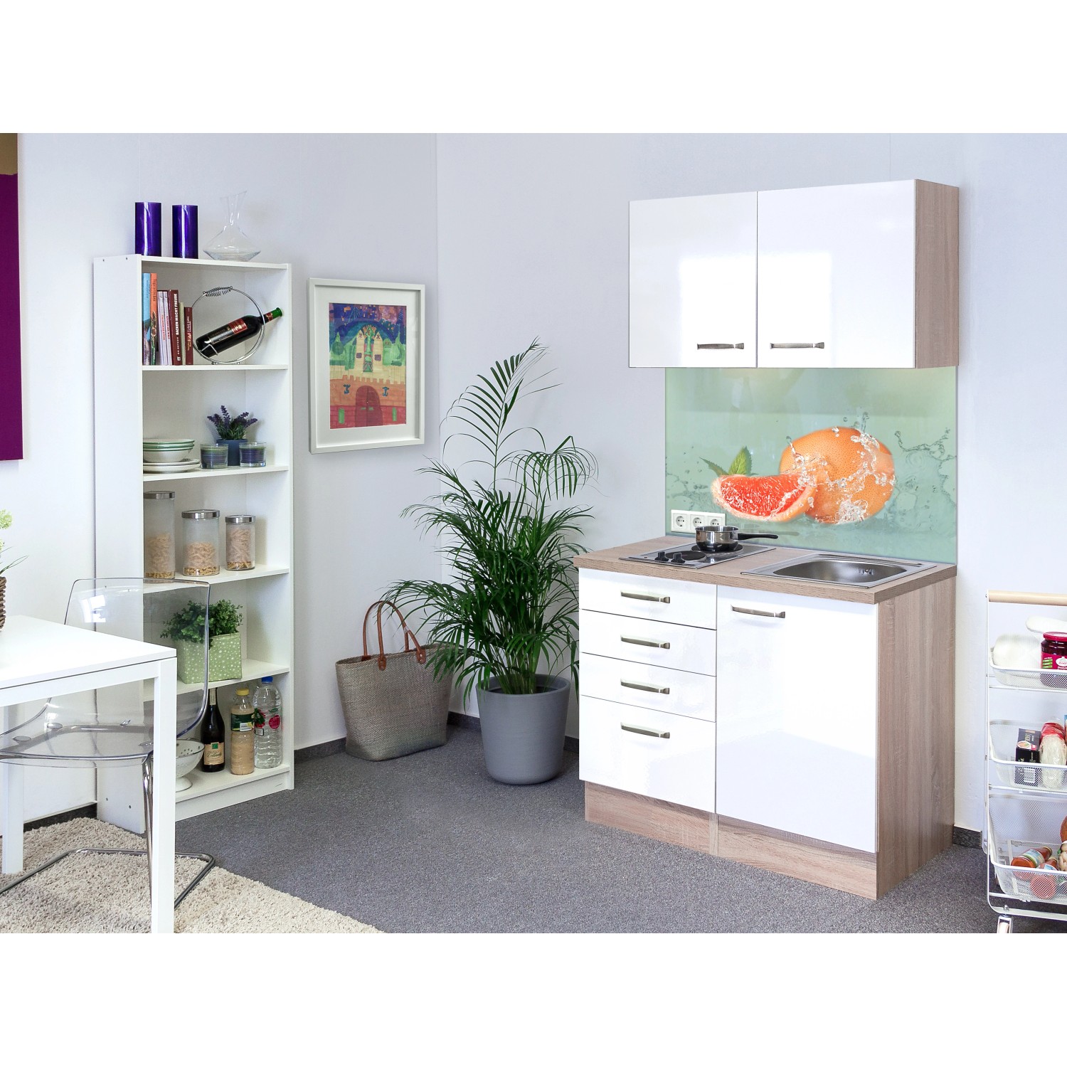 Flex-Well Exclusiv Miniküche Valero 100 cm Hochglanz Weiß-Sonoma Eiche