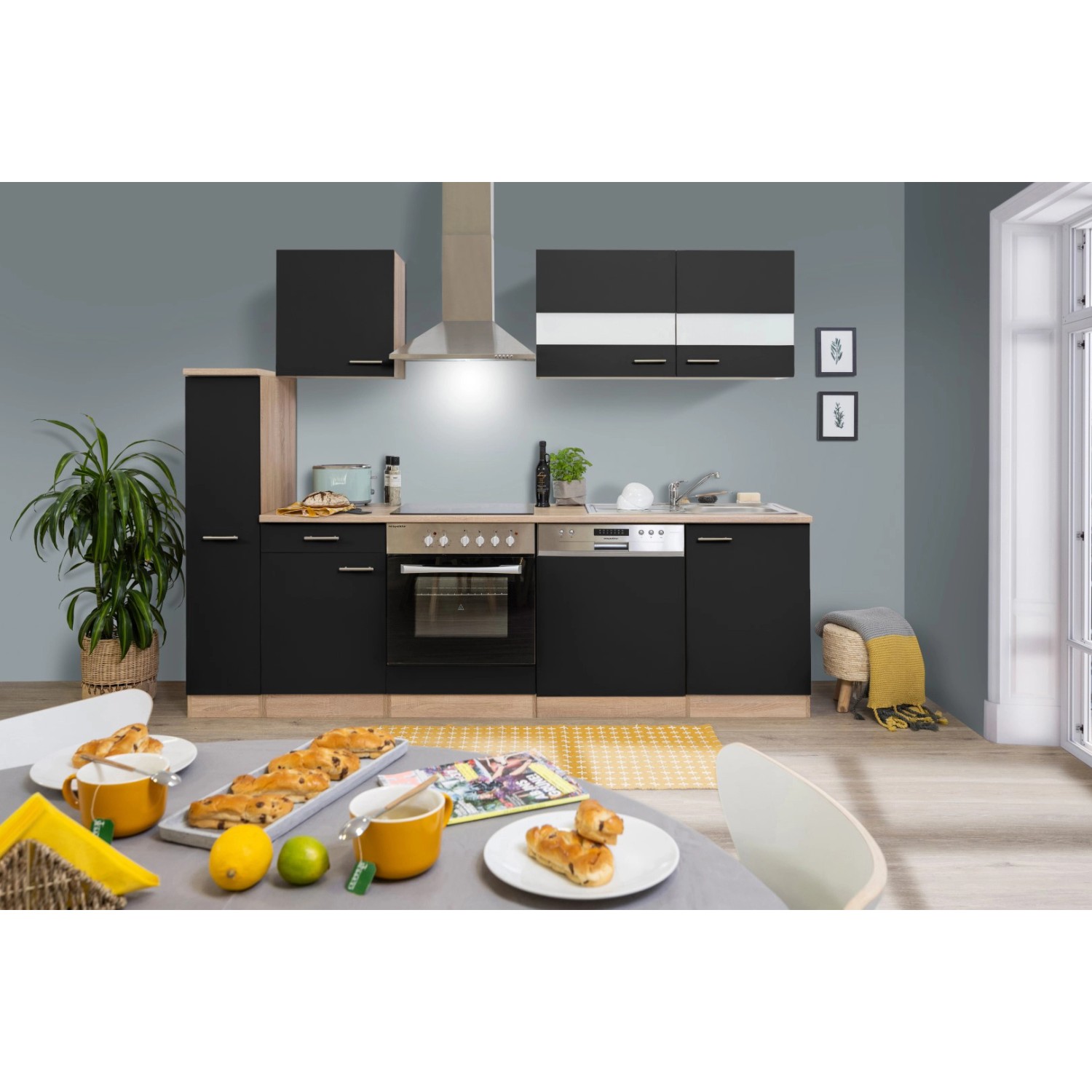 Respekta Küchenzeile KB250ESSC 250 cm Schwarz-Eiche Glänzend