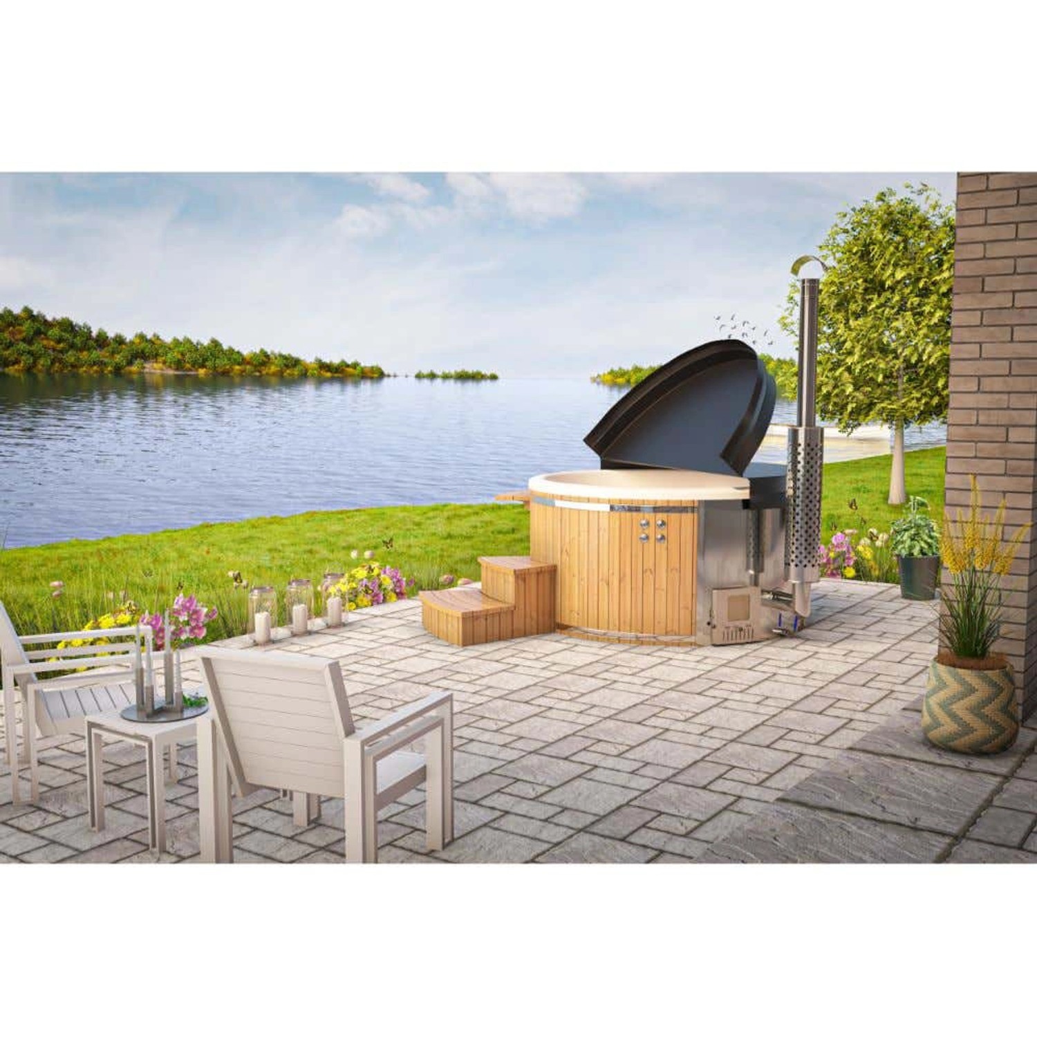 Finntherm Badefass Stockholm Thermoholz Whirlpool Ø 180 cm VA-Ofen 30 kW Grau