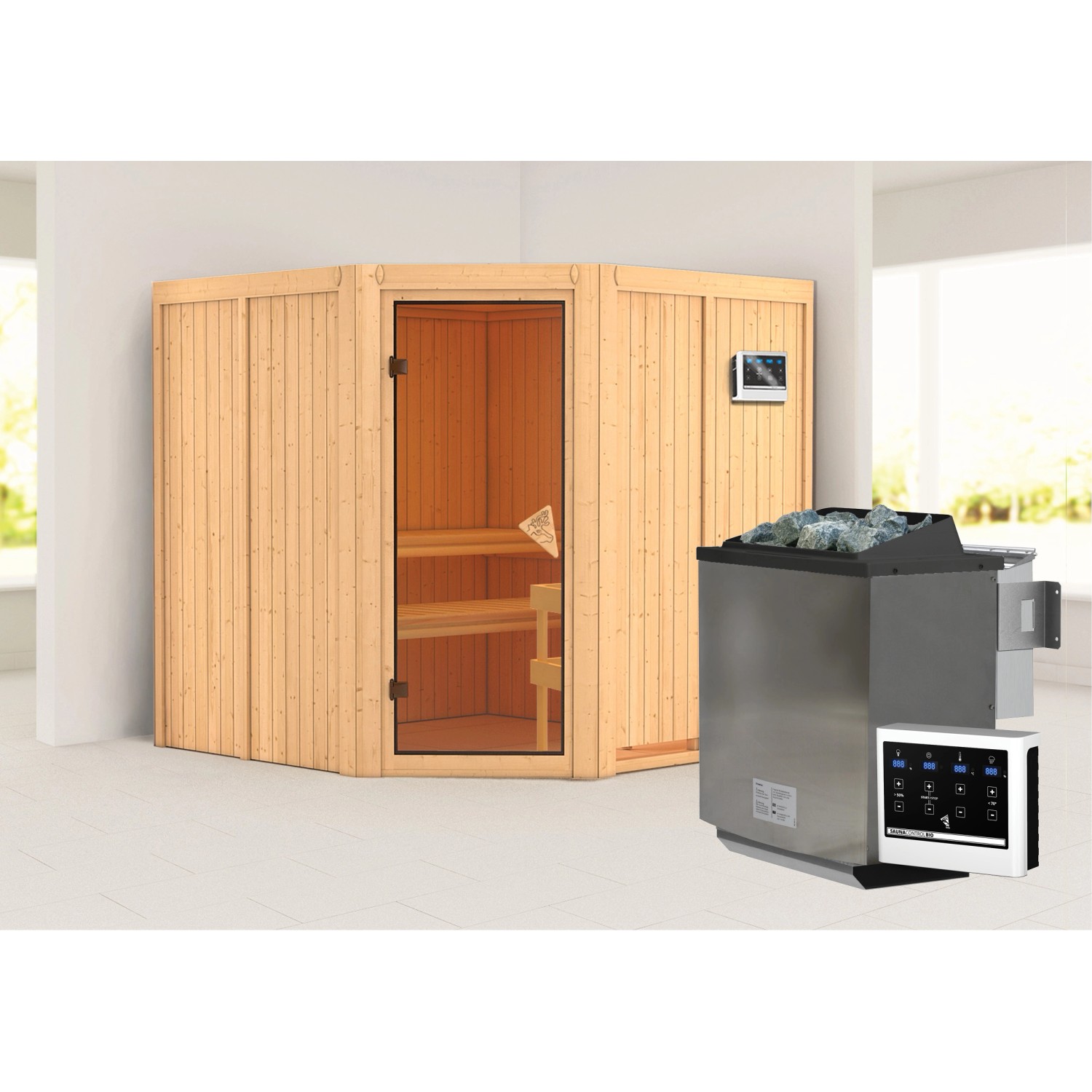 Karibu Sauna Jorma Edelstahlmit Bio-Ofen externe Stg.Natur