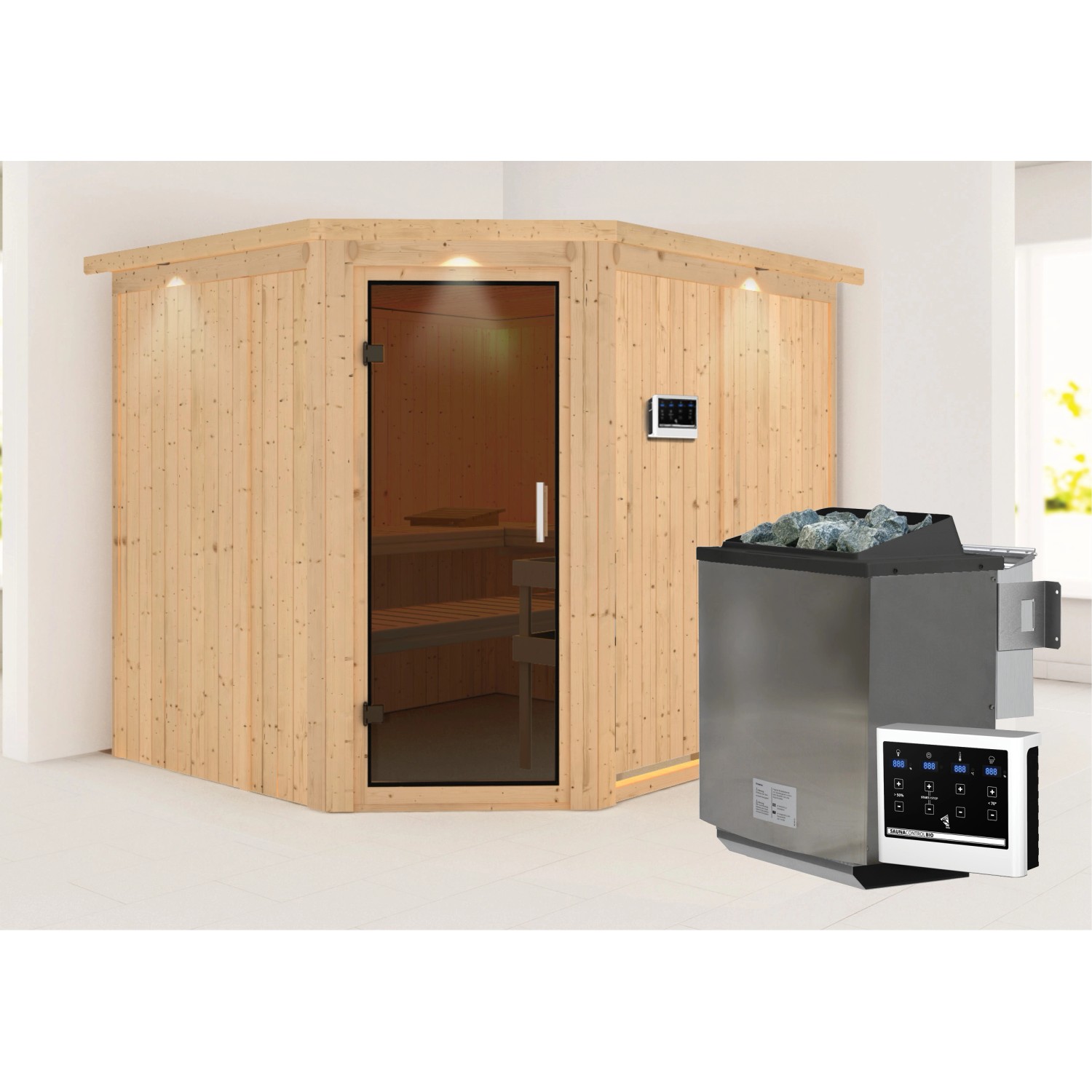 Karibu Sauna mit Bio-Ofen externe Stg.LED-Dachkranz Grap Natur