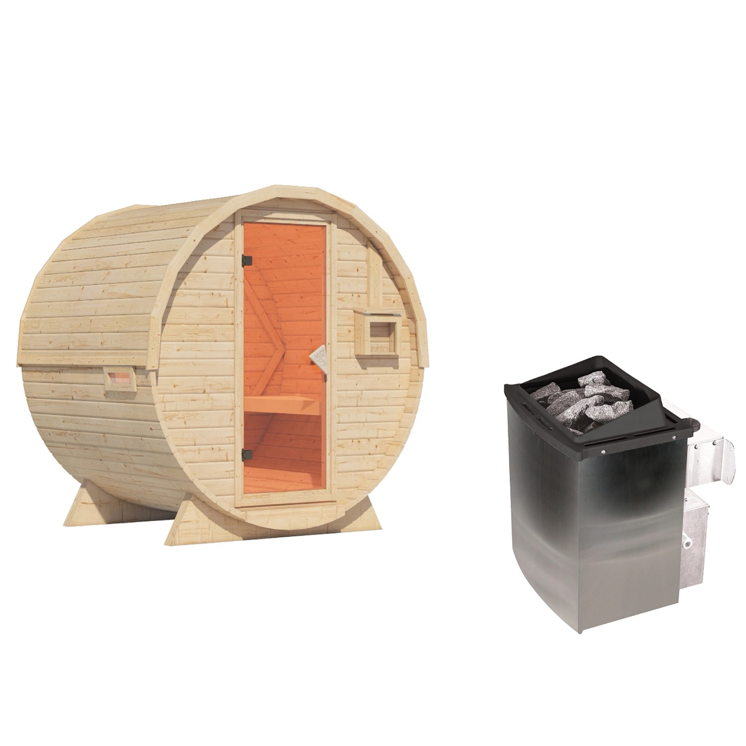 Karibu Fasssauna-Set Talea L mit Ofen 9 kW Integriert inkl. Kabelzubehör