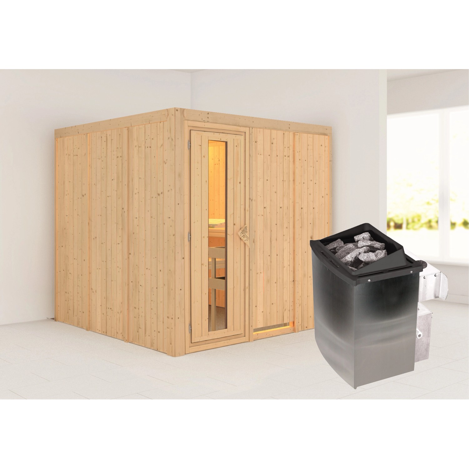 Karibu Sauna Rikka mit Ofen intergrierte Steuerungtü Natur